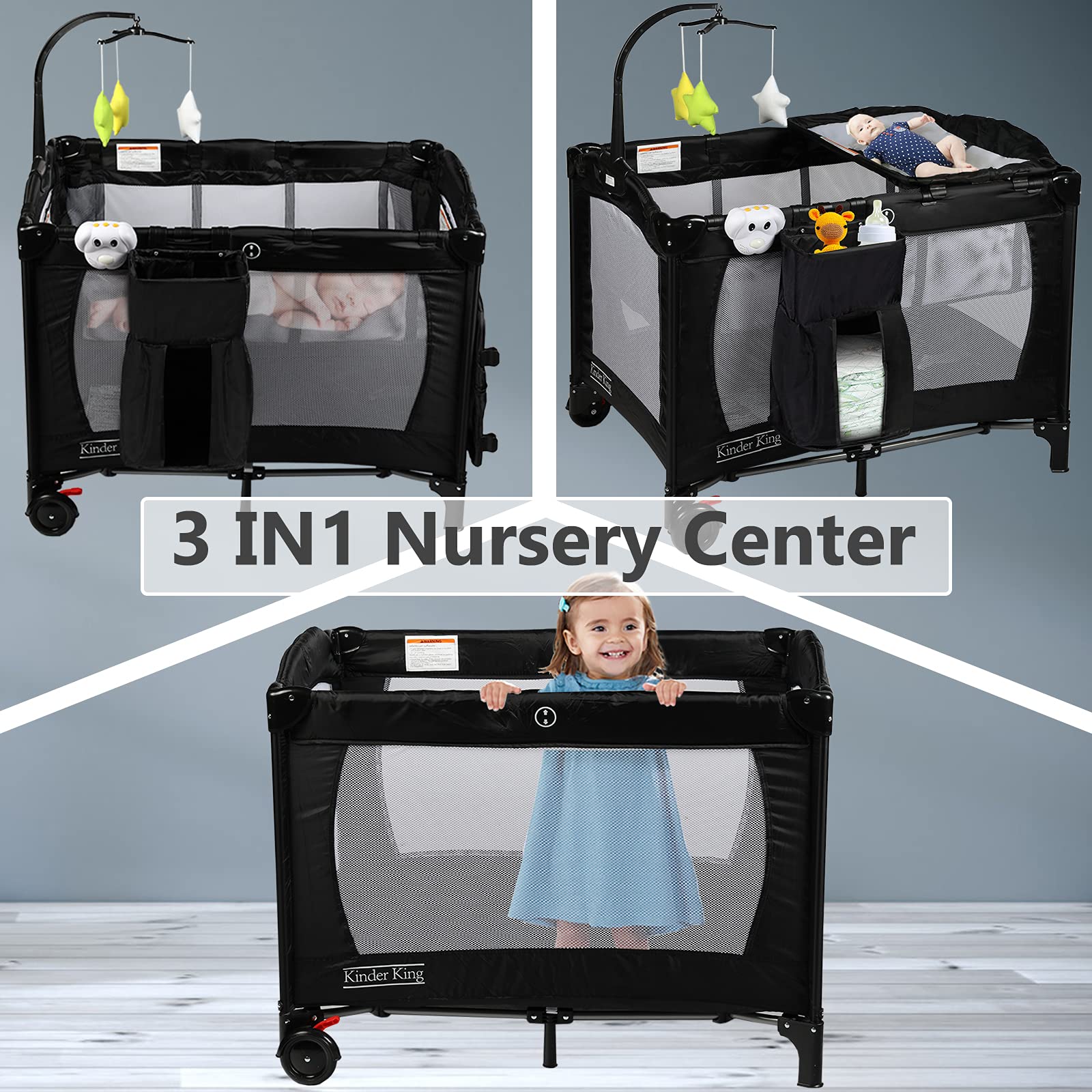 Kinder King 3-in-1 Portable Baby Nursery Center | Foldable Playard with Bassinet & Changing Table | Travel-Friendly Pack n Play for Newborns & Toddlers | Includes Removable Mattress, Music Box & Storage Basket (Black) - Perfect for Home, Travel & Daycare Use