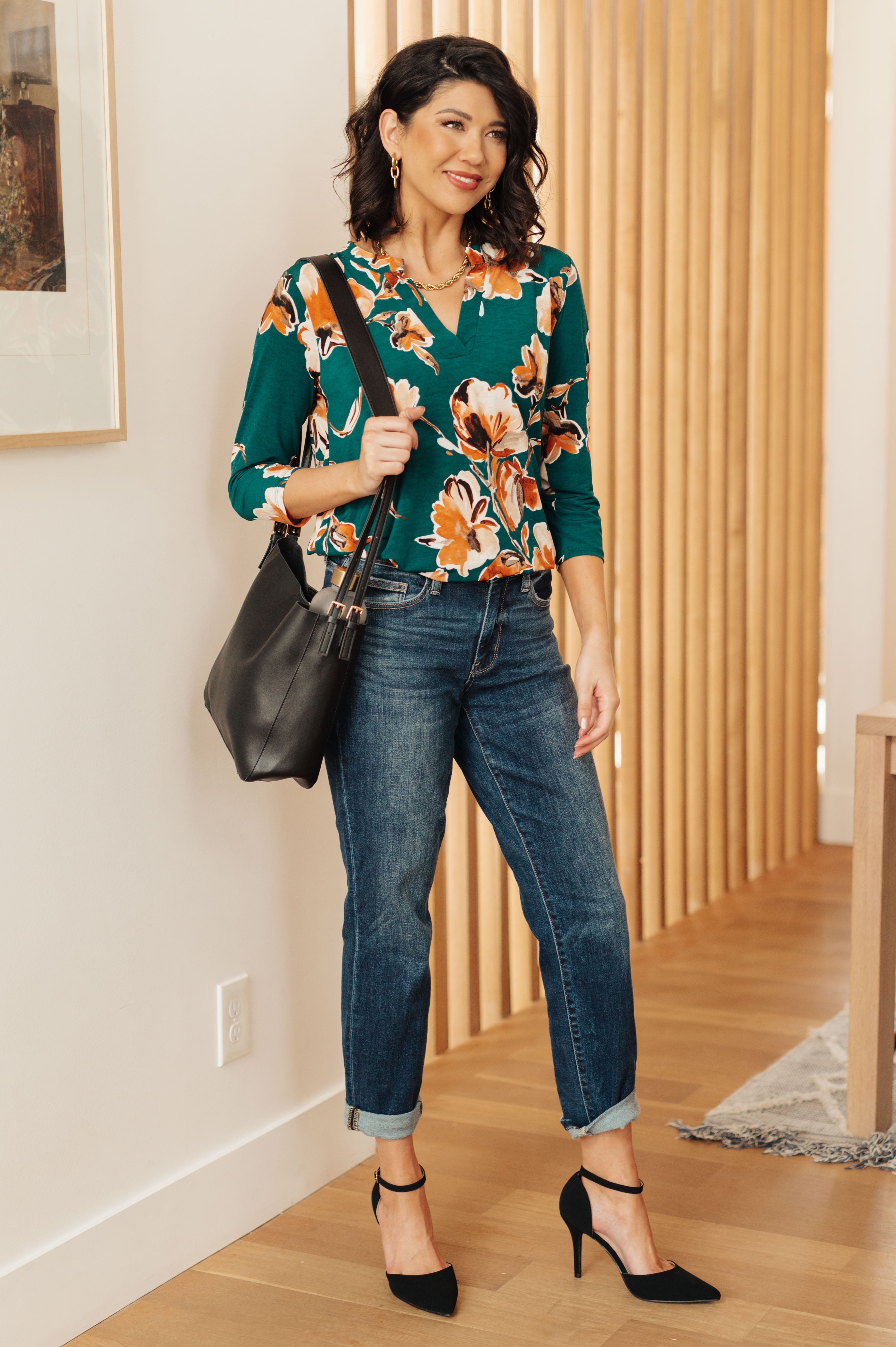 Stylish Teal Floral Print Women's Top - Trendy I Think Different Blouse for Casual Wear & Summer Outfits