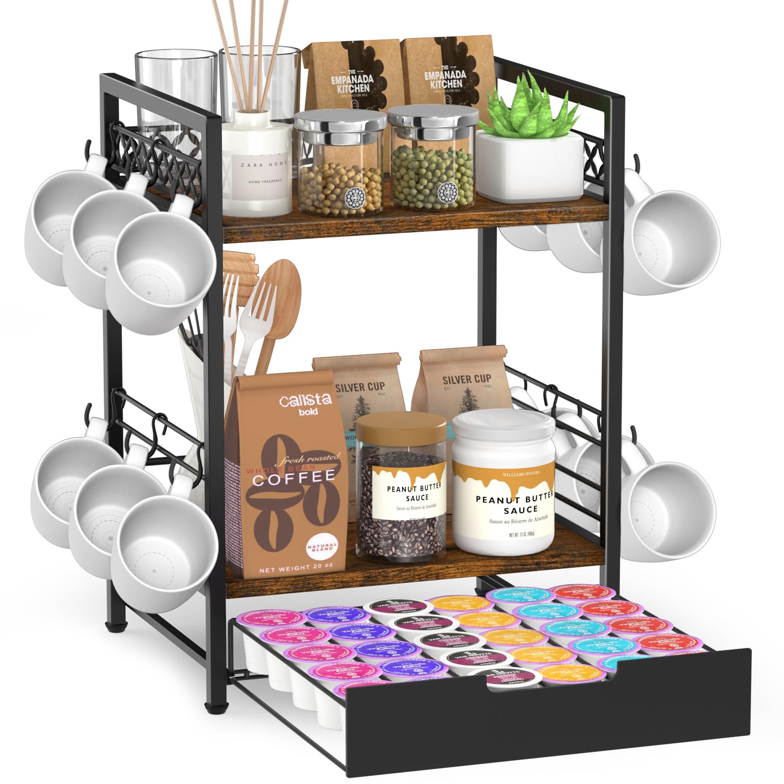 2-Tier Coffee Bar Organizer with 12 Hooks & 30 K-Cup Drawer - Multifunctional Mug Rack & Countertop Shelf for Kitchen Accessories - Perfect for Coffee Stations, Office Break Rooms & Small Space Organization