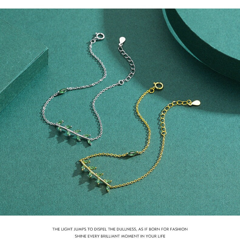 Elegant Marquise Cut Emerald Green Crystal Twig Branch Dainty Bracelet for Women - Nature Inspired Stackable Jewelry, Perfect Gift for Her - Ideal for Weddings, Parties & Everyday Wear