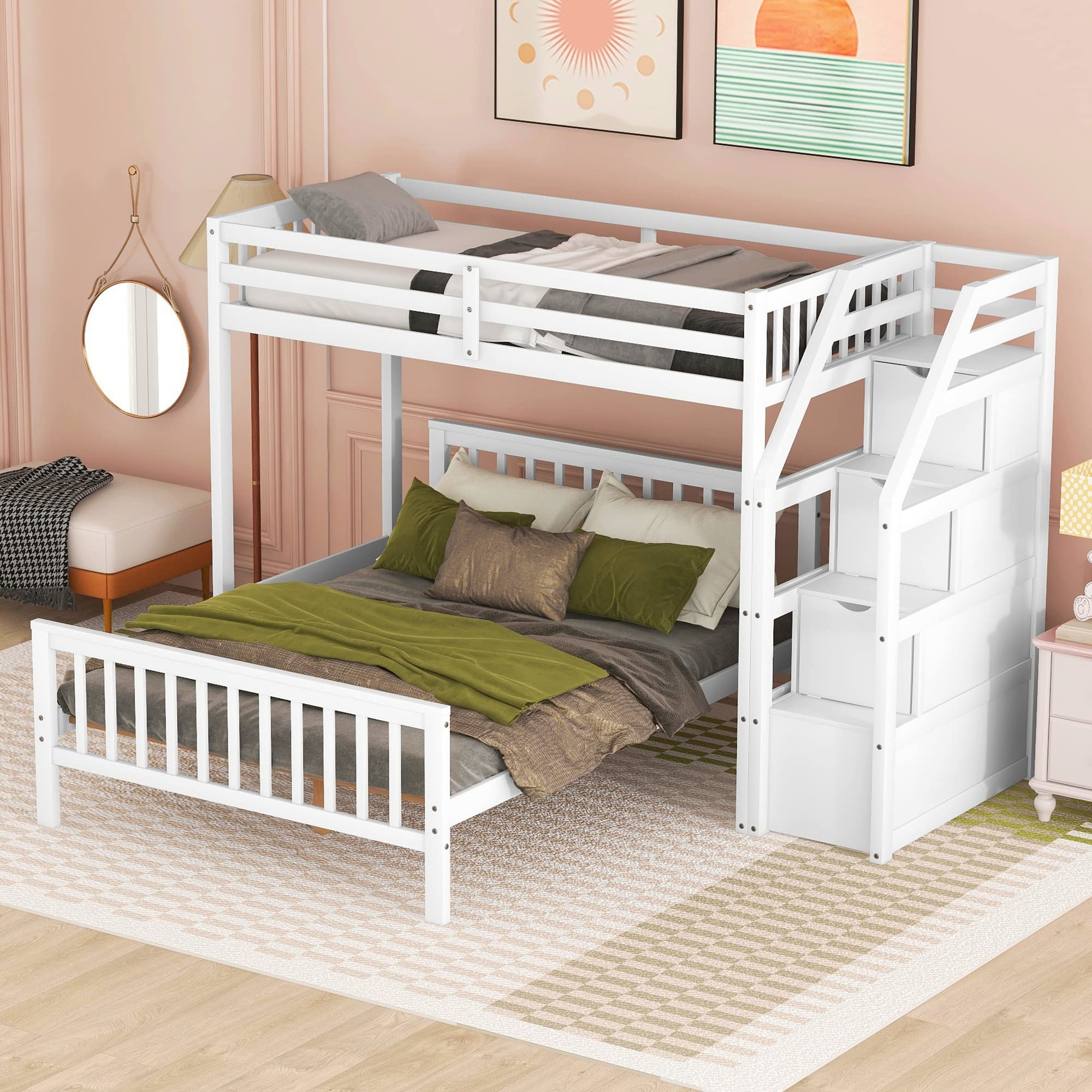 Harper & Bright Designs Twin Over Full Bunk Bed with Staircase - Wooden L-Shaped Kids Bunk Beds with Storage Drawers, Twin Loft Bed & Full Platform Bed (No Box Spring Needed) - Perfect for Small Bedrooms, Kids' Rooms & Space-Saving Solutions (White)