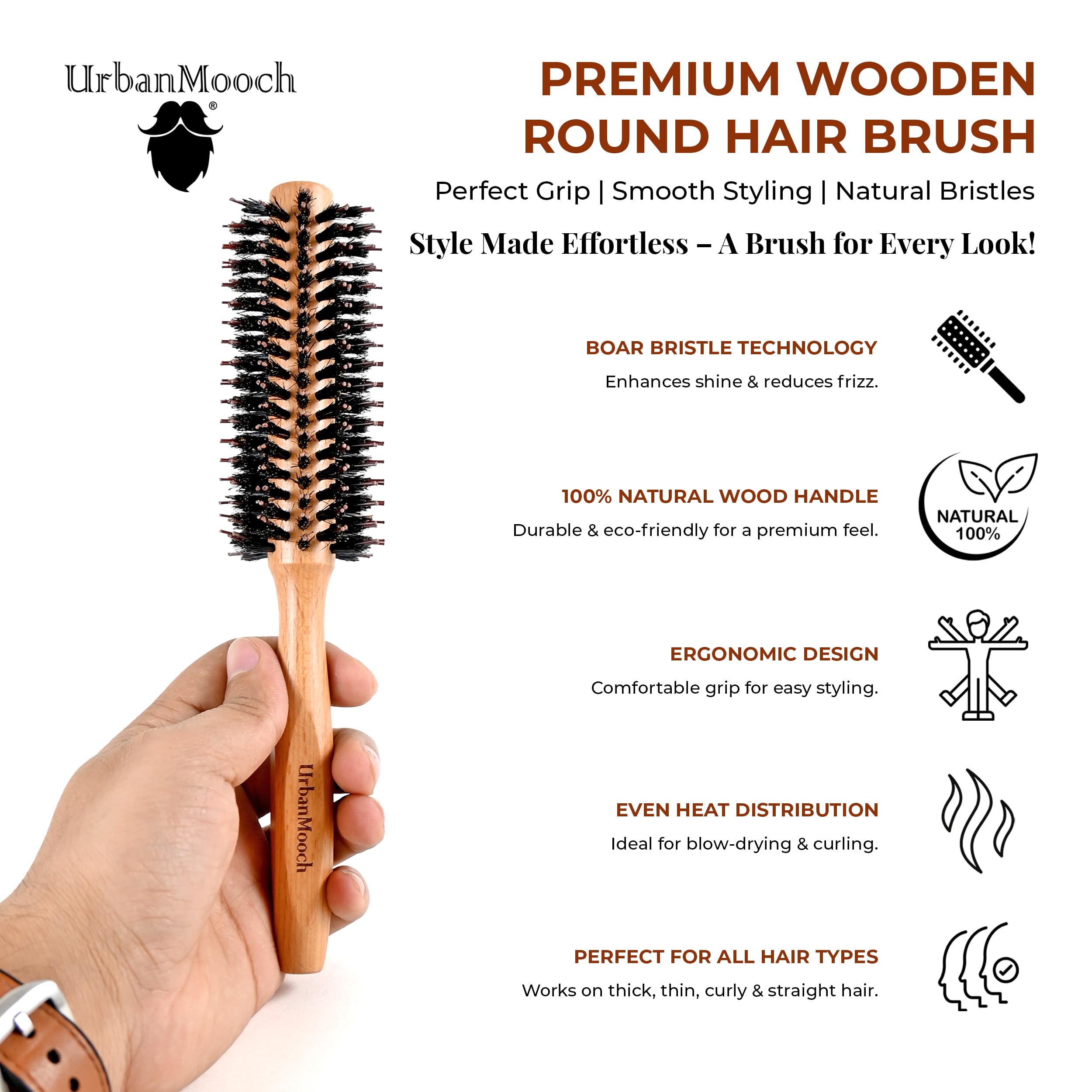 Premium Round Nylon & Boar Bristle Hair Brush for Men & Women - Volumizing, Straightening & Styling Tool with Anti-Slip Wooden Handle | Natural Bristles & Flexi Massage Pins for Salon-Quality Blowouts at Home | Perfect for Daily Styling, Curling & Smoothing Hair