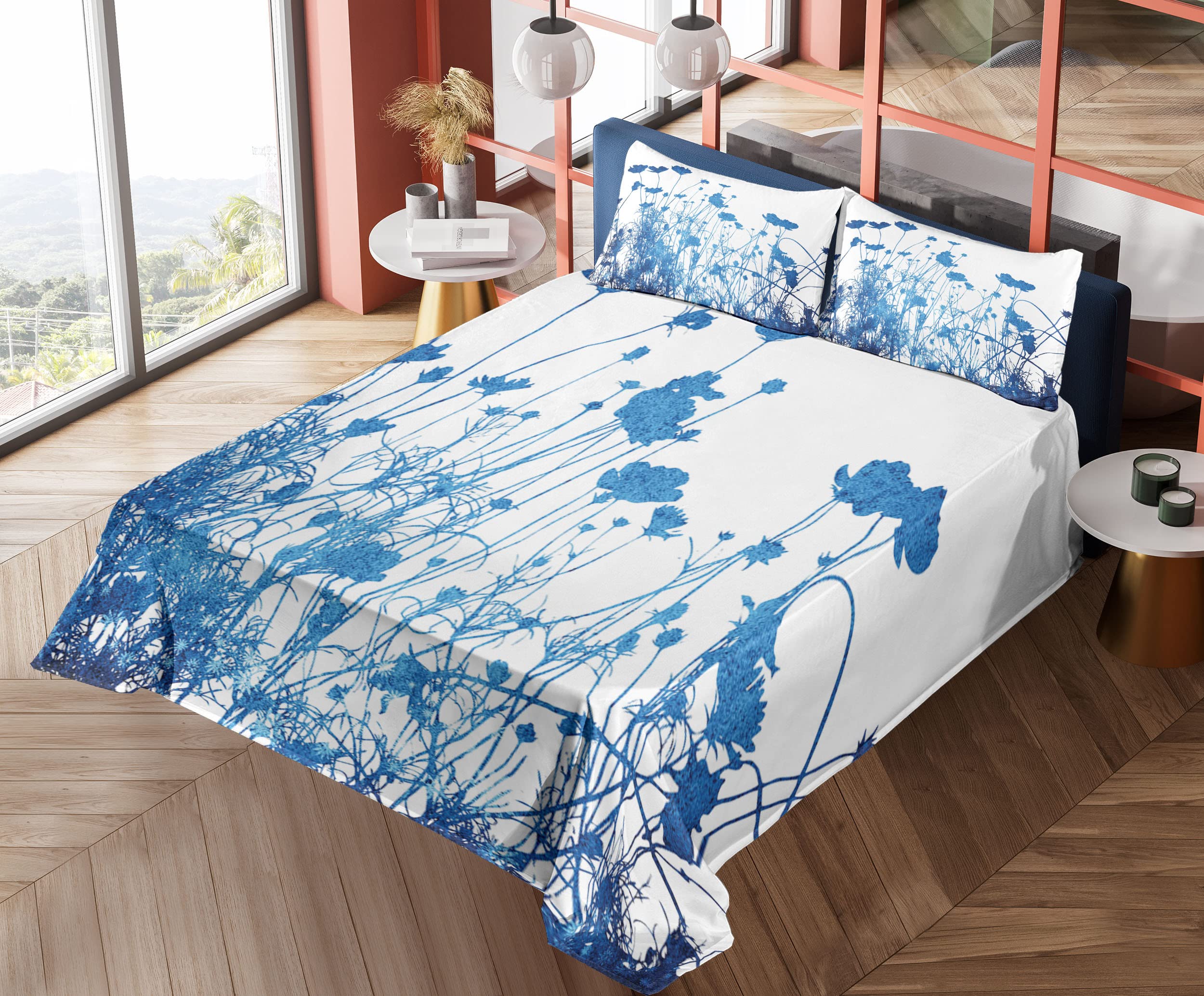 Ambesonne Abstract Floral Sheet Set - King Size 4 Piece Bedding with Wildflower Garden Design, Fitted & Flat Sheets + Pillowcases - White & Blue Botanical Print | Perfect for Master Bedrooms, Guest Rooms & Summer Home Decor