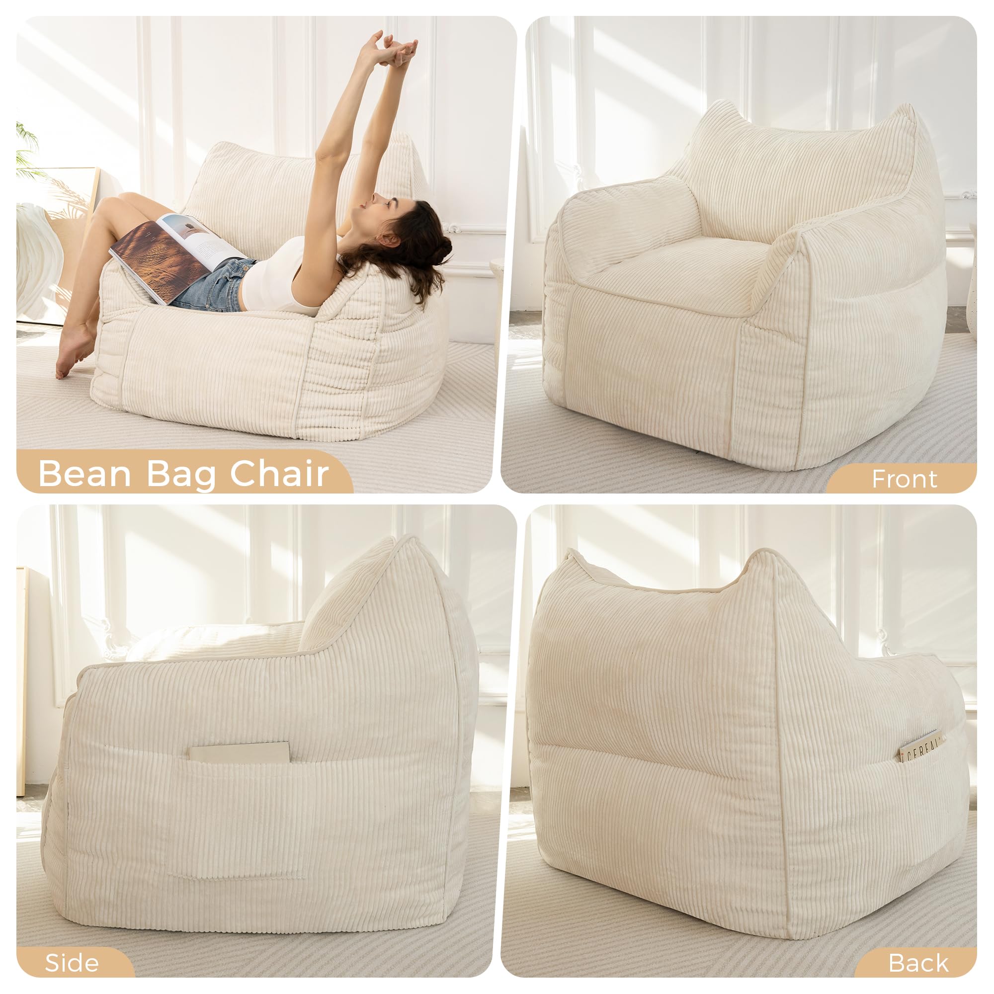 MAXYOYO High-Density Foam Bean Bag Chair Sofa - Soft & Comfortable Beige Lounge Chair for Living Room, Bedroom, Dorm, or Game Room - Perfect for Relaxing, Reading & Gaming