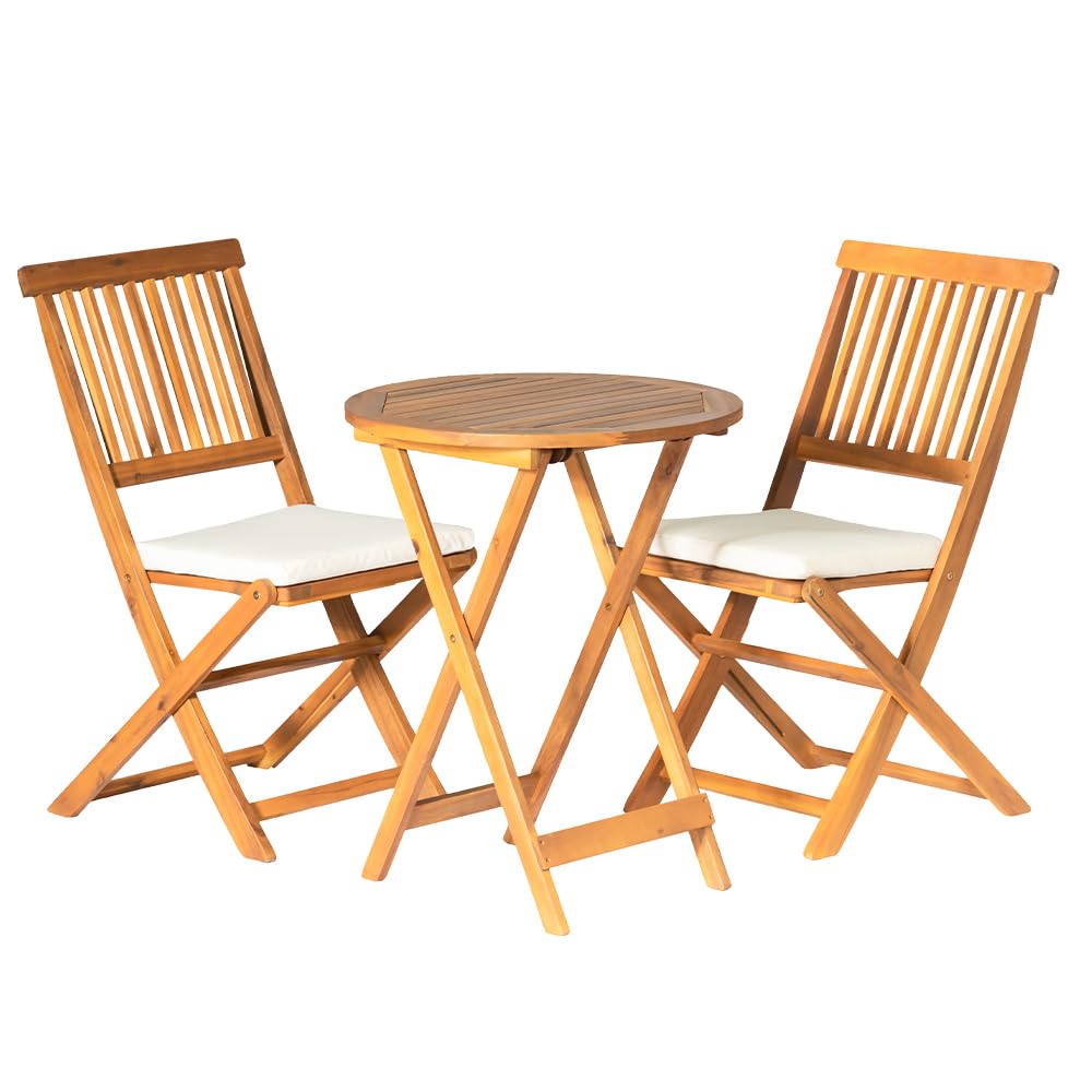 Panana 3-Piece Acacia Wood Folding Bistro Set with Cushions - Round Outdoor Patio Table & Chairs for Garden, Deck, Yard - Perfect for Small Spaces & Entertaining