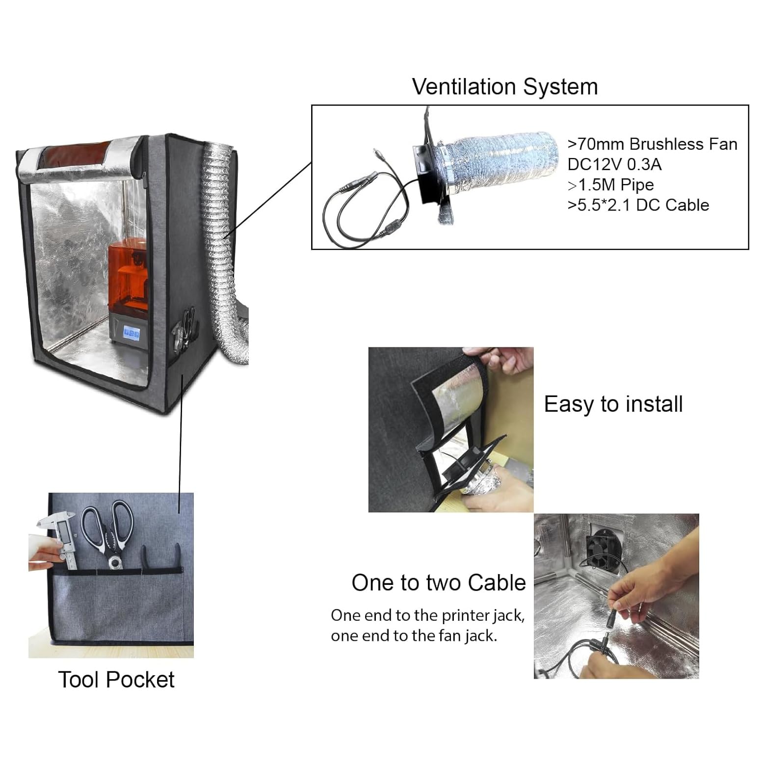 3D Printer Enclosure with Adjustable Ventilation Kit - Odor Eliminating Cover for Anycubic Photon Mono, Elegoo Saturn/Mars 3/4 & Creality Halot Series - Perfect for Home & Office Resin Printing Workspaces