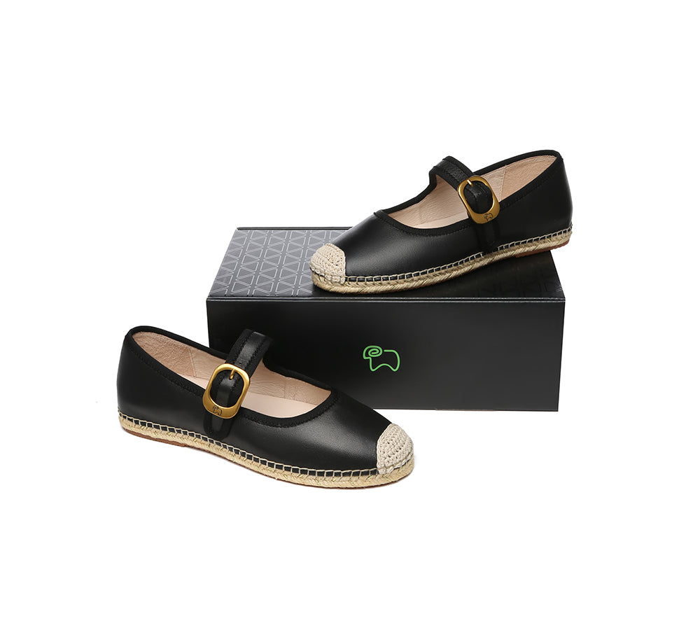 EVERAU® Women's Genuine Leather Adjustable Buckle Flat Espadrilles - Mila Style Comfortable Summer Sandals for Casual Outings & Beach Vacations