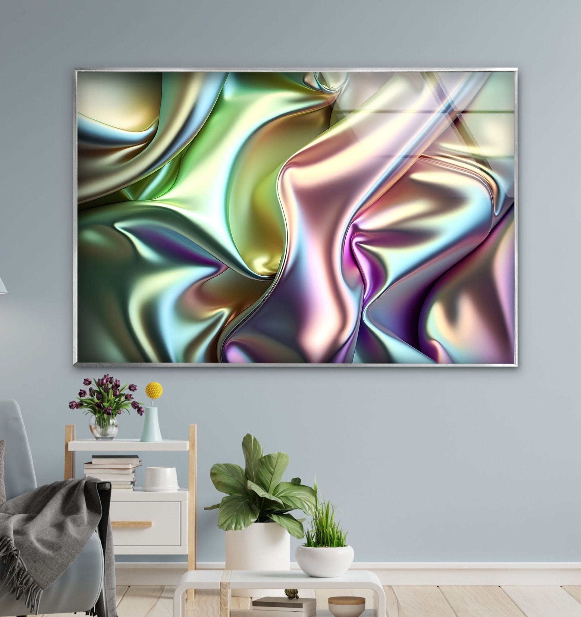 Abstract Iridescent Glass Wall Art - Modern Handmade Home Decor for Living Room, Bedroom & Office - Unique Shimmering Light Reflection Decorative Piece