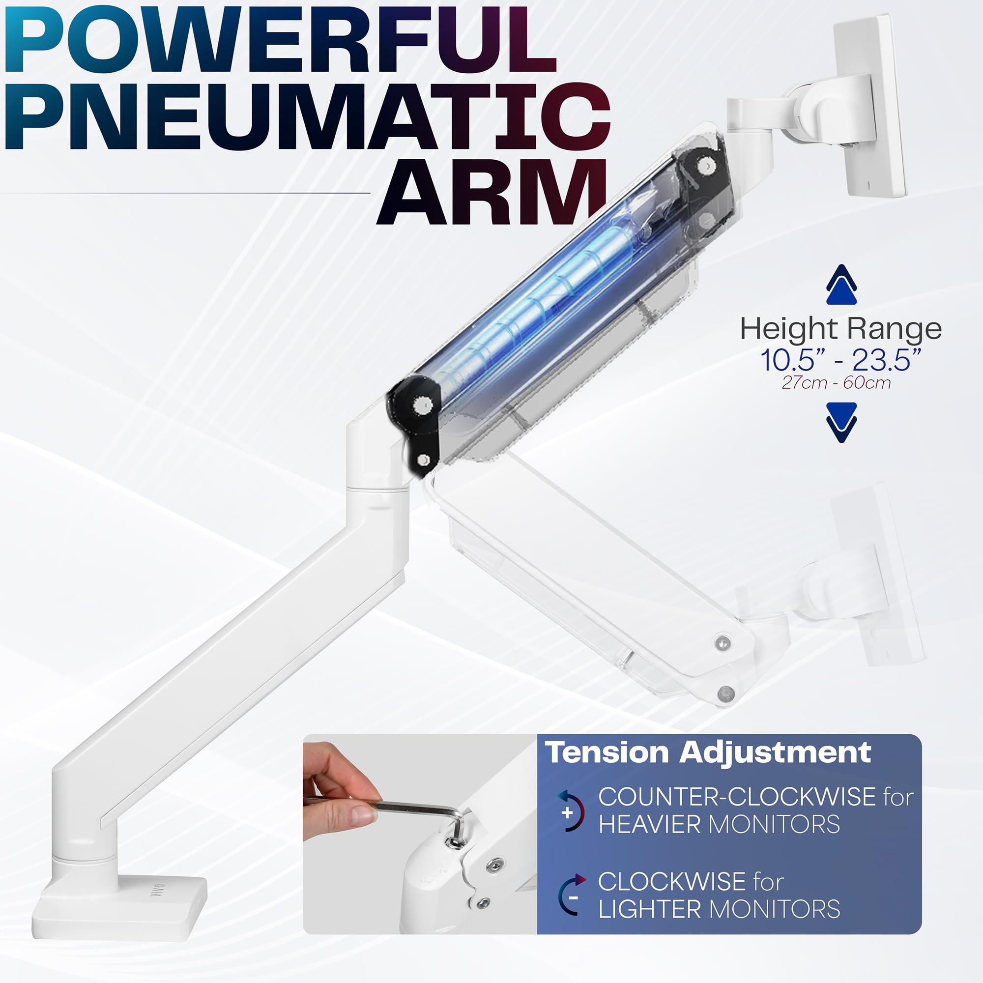 Premium Aluminum Heavy Duty Monitor Arm for Ultrawide Monitors up to 49 inches - Single Desk Mount Stand with Pneumatic Height Adjustment, Max VESA 100x100, Supports 15kg - White (STAND-V101G1W) - Perfect for Home Office, Gaming Setup, and Ergonomic Workspaces