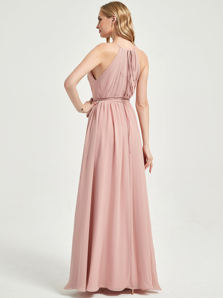 Elegant Blush Pink Halter Neck Wrap Chiffon Bridesmaid Dress with High Slit & Floor Length - Perfect for Weddings, Formal Events & Evening Parties