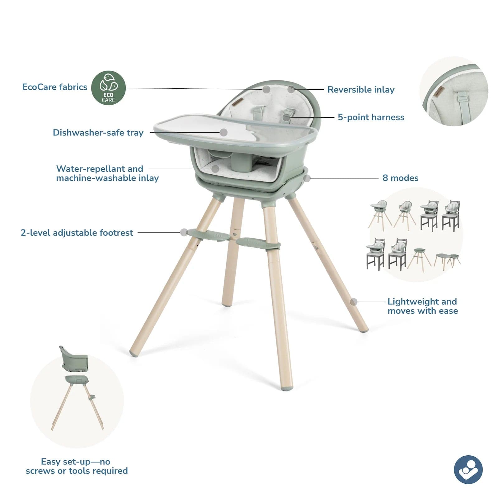 Maxi Cosi Moa 8-in-1 Convertible High Chair for Babies & Toddlers - Adjustable Height, Reclining Seat, Easy Clean - Perfect for Dining, Feeding & Playtime at Home