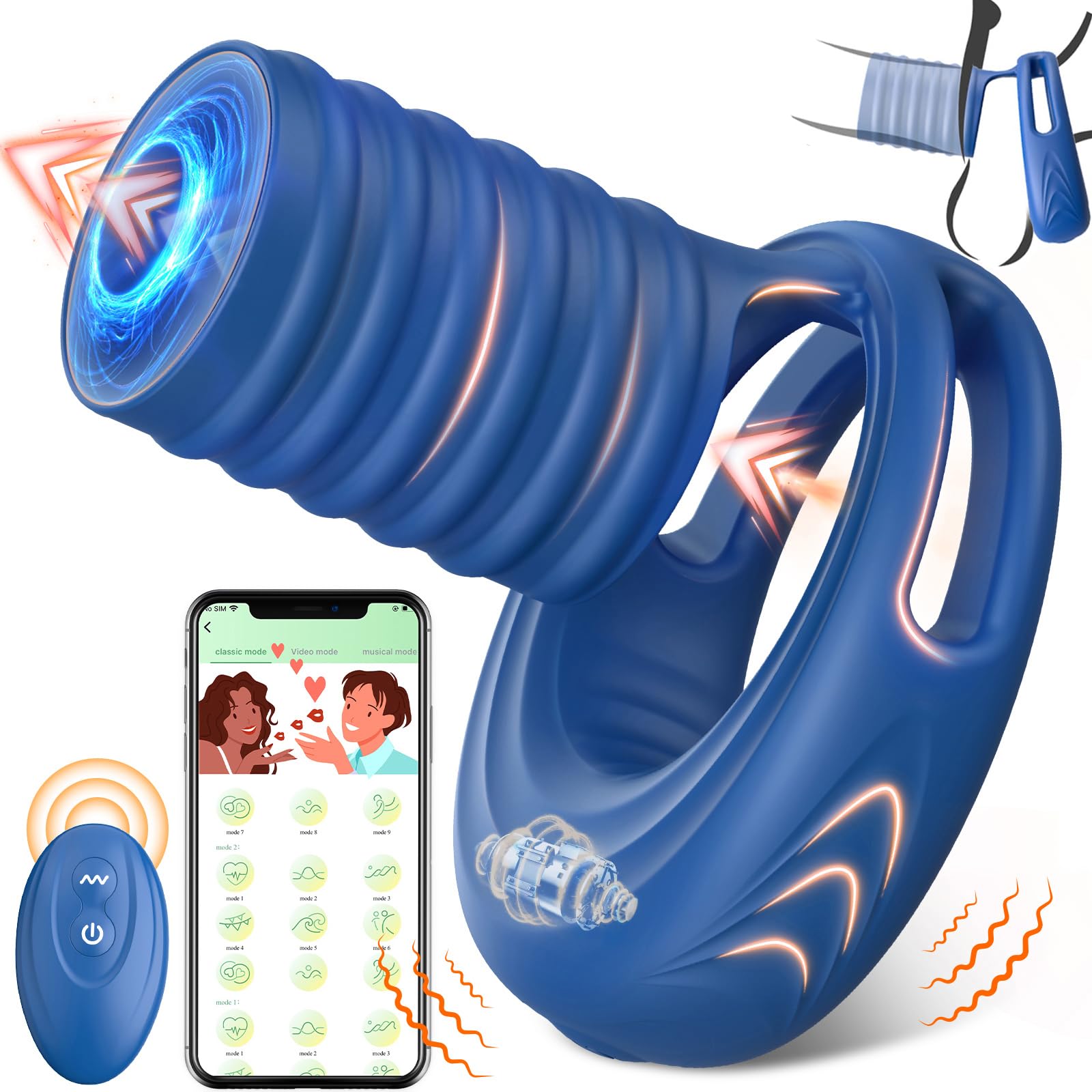Elastic Vibrating Cock Ring with Remote Control - Couples Sex Toy for Men & Women, APP Controlled Penis Vibrator for Vagina & Penis Stimulation - Perfect for Foreplay & Intimate Pleasure (Blue)
