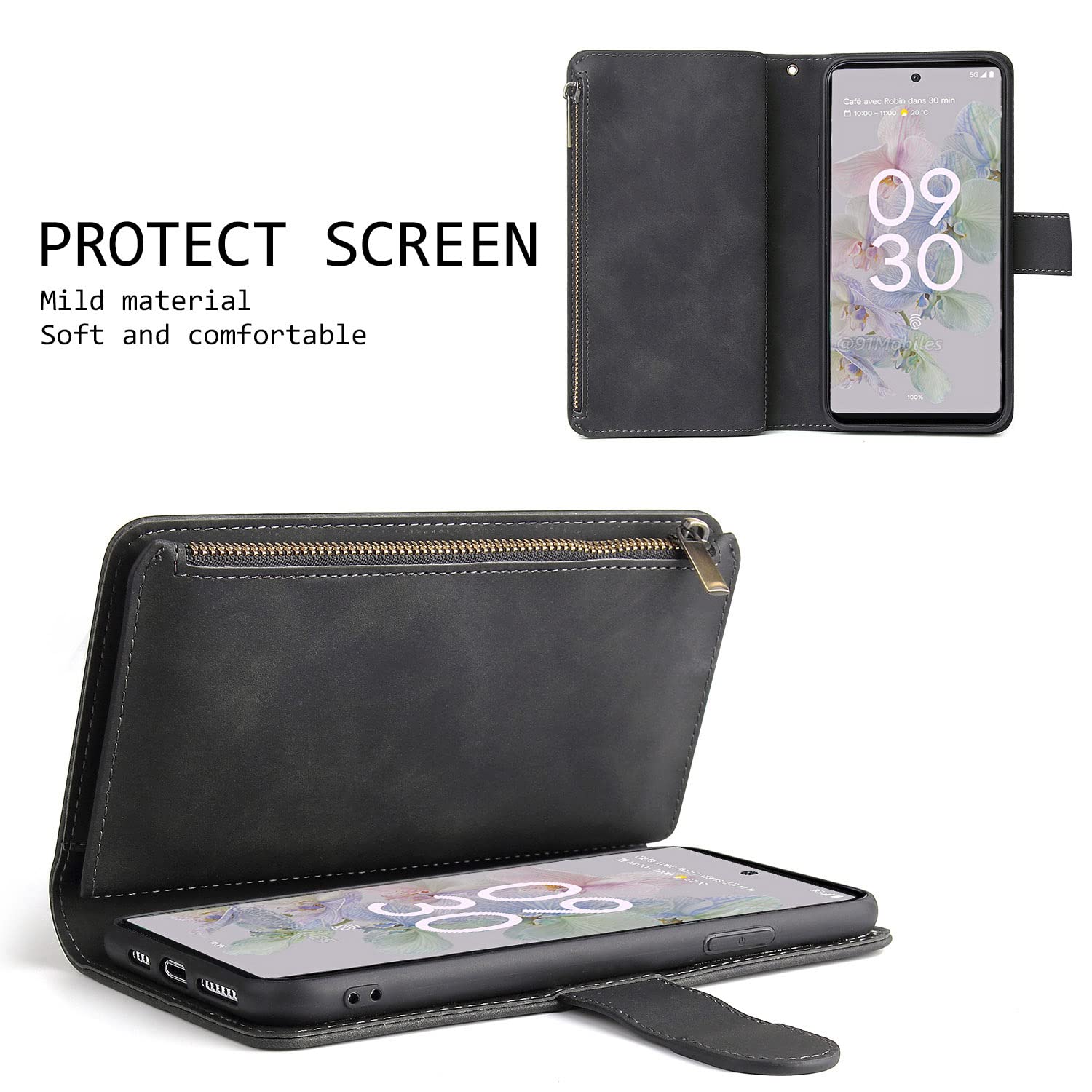 Google Pixel 7 Pro Magnetic Wallet Case - Premium Leather Flip Cover with 6 Card Slots, Hand Strap & Zipper Pocket | Shockproof Stand Case for Men & Women (Black) | Perfect for Daily Commute, Travel & Business Use