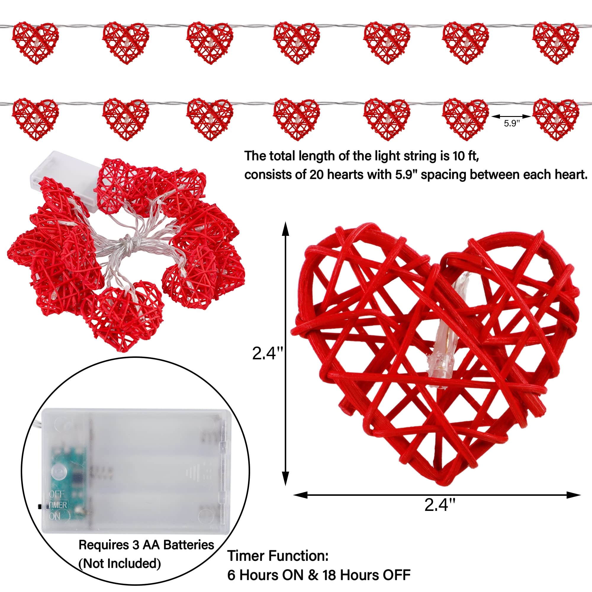 10 FT 20 LED Heart Shaped String Lights - Romantic Valentine's Day Fairy Lights with Battery & Timer for Indoor/Outdoor Decor - Perfect for Weddings, Anniversaries, Holiday Parties & Romantic Nights