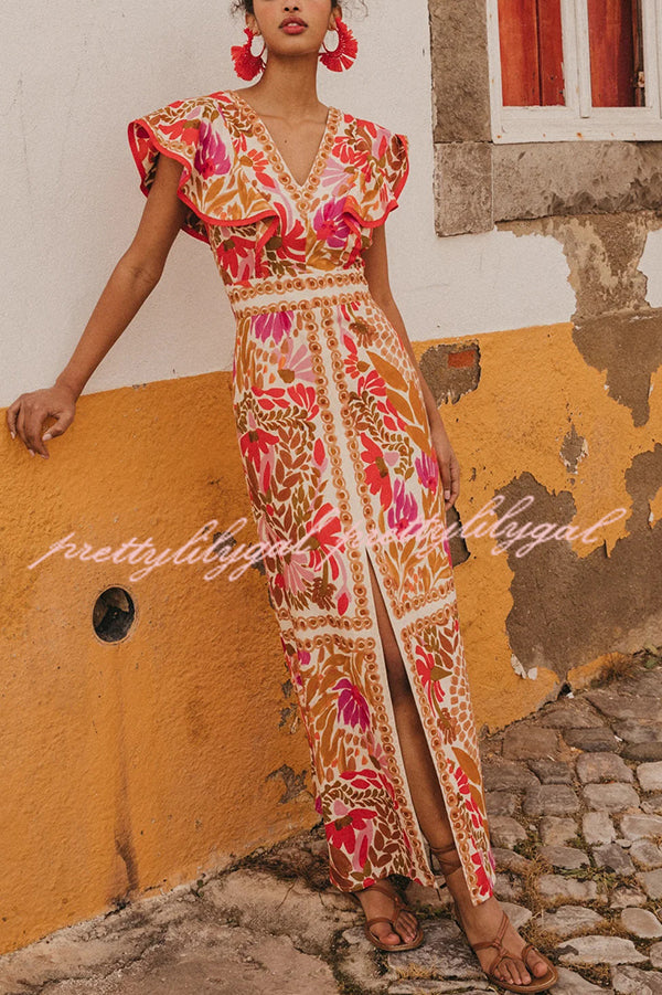 Stylish Printed V-Neck Open Back Ruffled Sleeves Slit Maxi Dress for Women | Summer Beach Party, Wedding Guest, Date Night Outfit