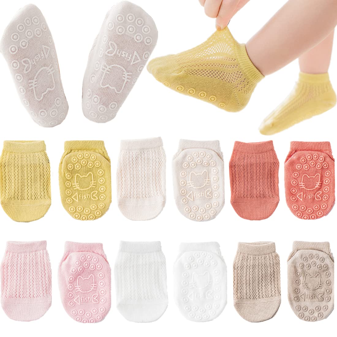 **Non-Slip Baby Grip Socks for Toddlers & Infants - Breathable Mesh, Unisex (Girl/Boy) - Anti-Skid Ankle Socks for Playtime, Crawling & Indoor Safety**