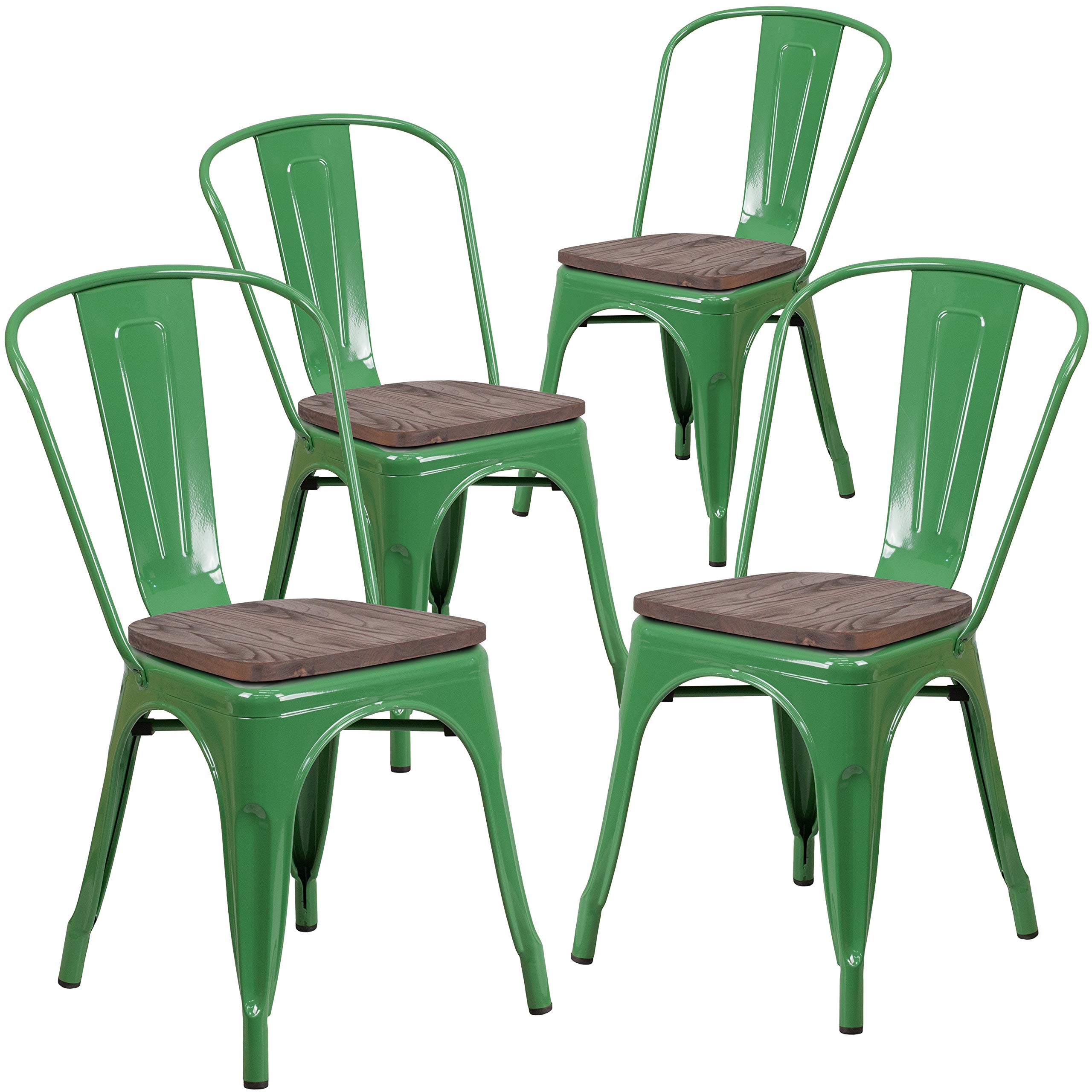 4 Pack Green Metal Stackable Chairs with Wood Seat - Commercial Restaurant & Bistro Chairs - Durable Indoor Outdoor Dining Chairs for Cafe, Patio, Kitchen, and Home Decor