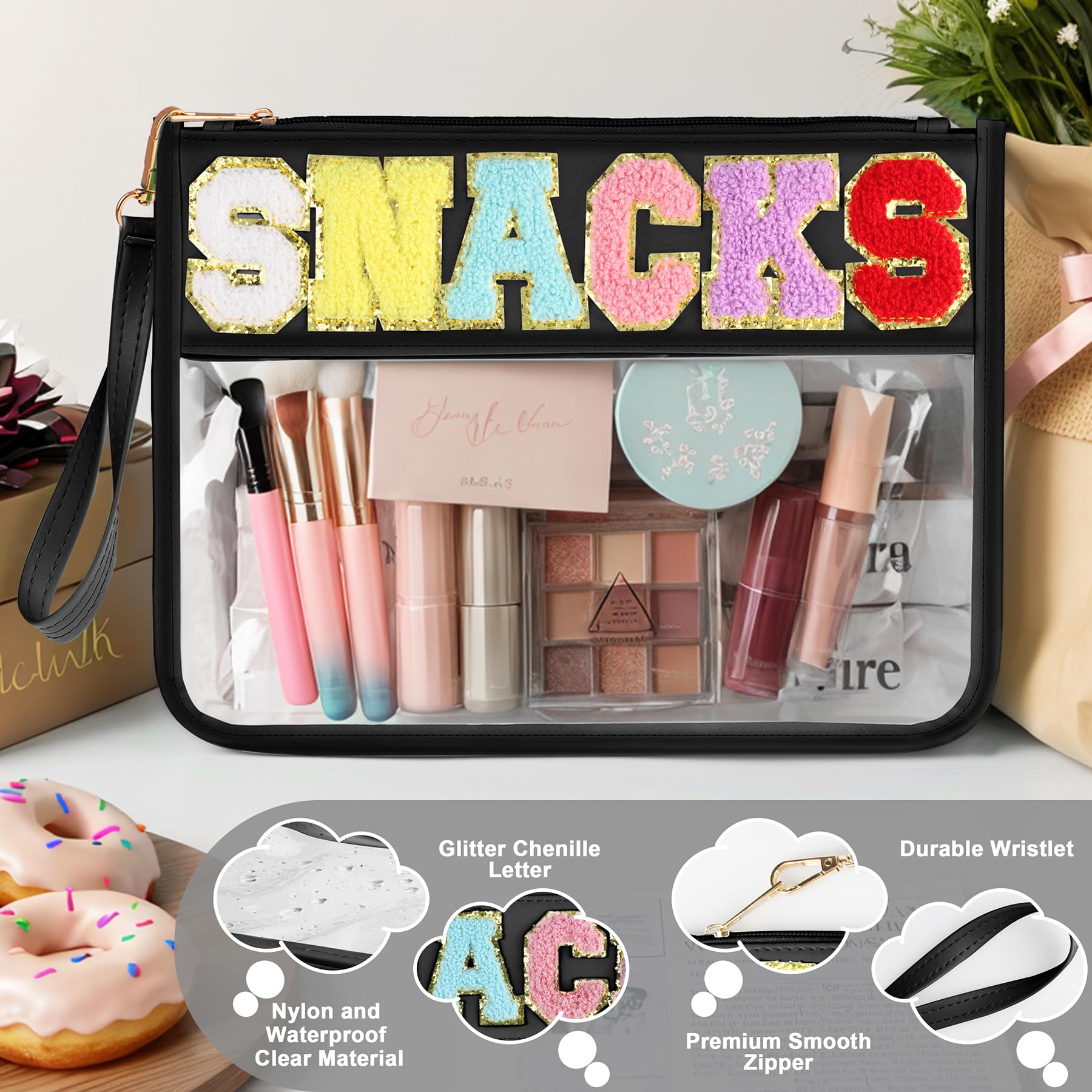 Clear Chenille Varsity Letter Zipper Pouch - Waterproof Nylon Snack & Makeup Bag for Travel | Perfect for School, Gym & Cosmetics Storage (Women & Girls)