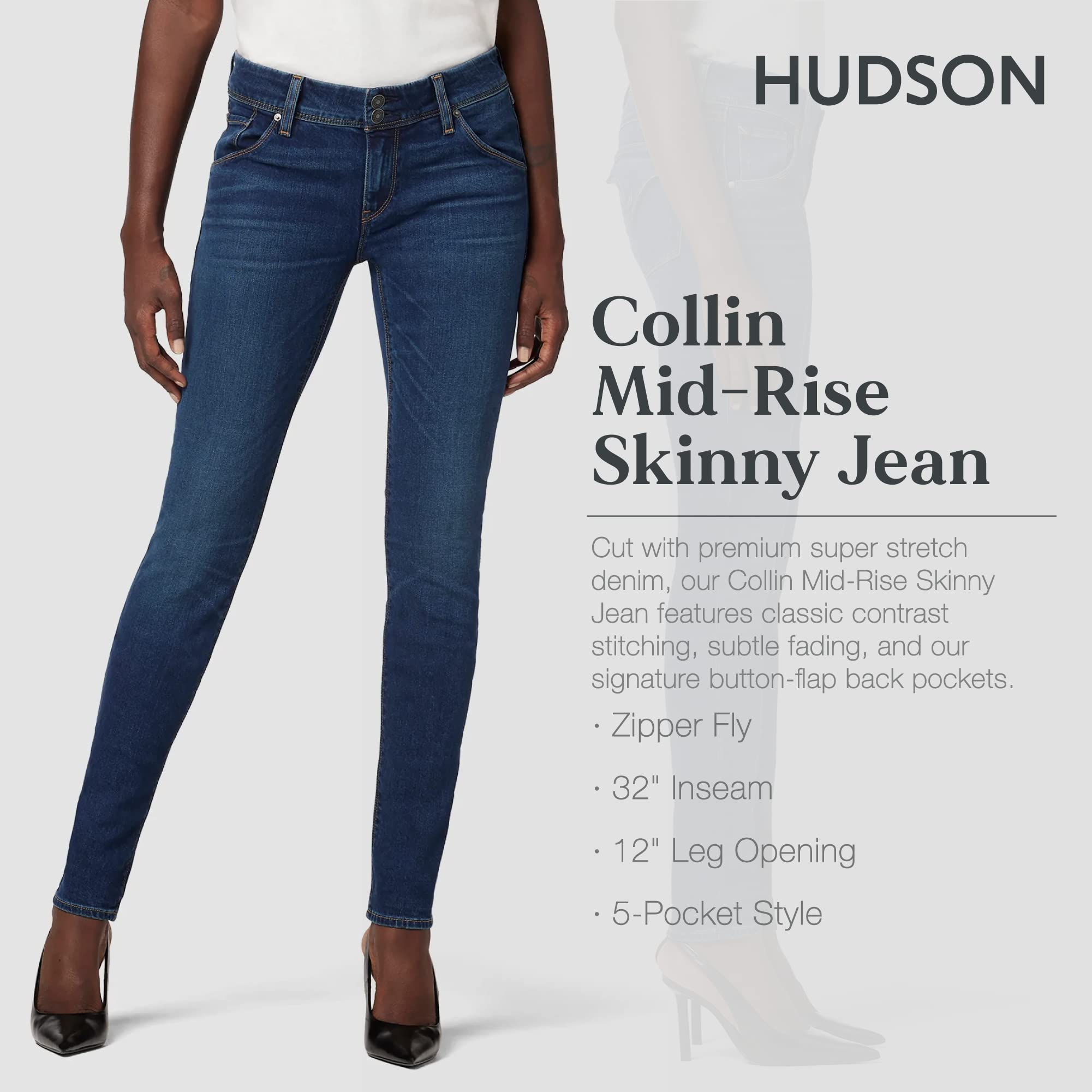 HUDSON Women's Collin Mid Rise Skinny Ankle Jeans with Back Flap Pockets - Stretch Denim Pants for Casual Wear, Work & Night Out