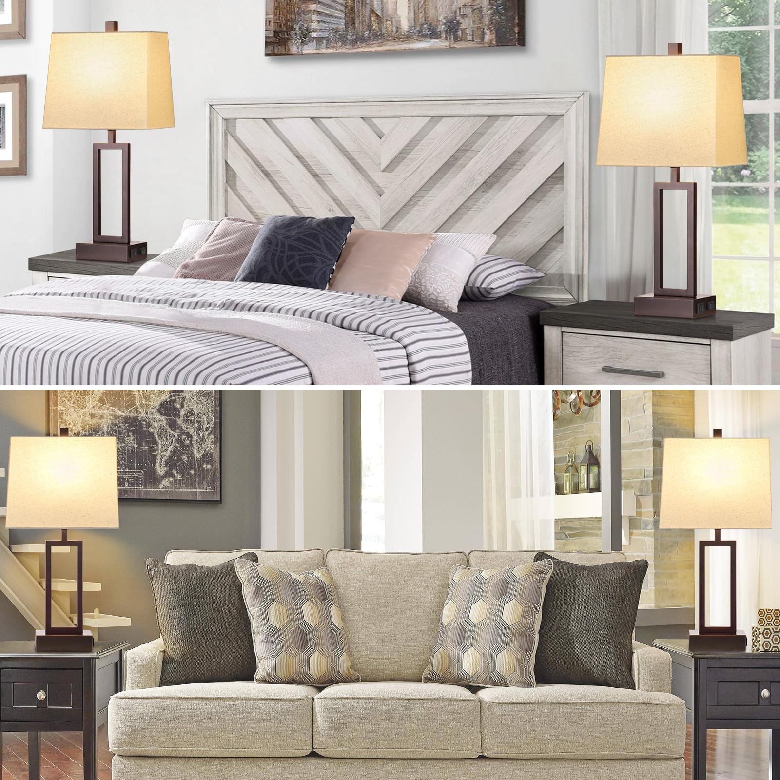 Modern Touch Control Table Lamps Set of 2 - Brown USB A+C Charging Bedside Lamps with AC Outlet & 3-Way Dimmable LED Lighting - Perfect for Bedroom Nightstands & Living Room End Tables (LED Bulbs Included) | Ideal for Reading, Working & Creating Cozy Ambiance