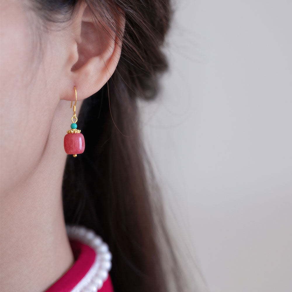 Red Jade Dangle Drop Clip-On Earrings for Women - Elegant Non-Pierced Ear Jewelry - Perfect for Weddings, Parties & Special Occasions