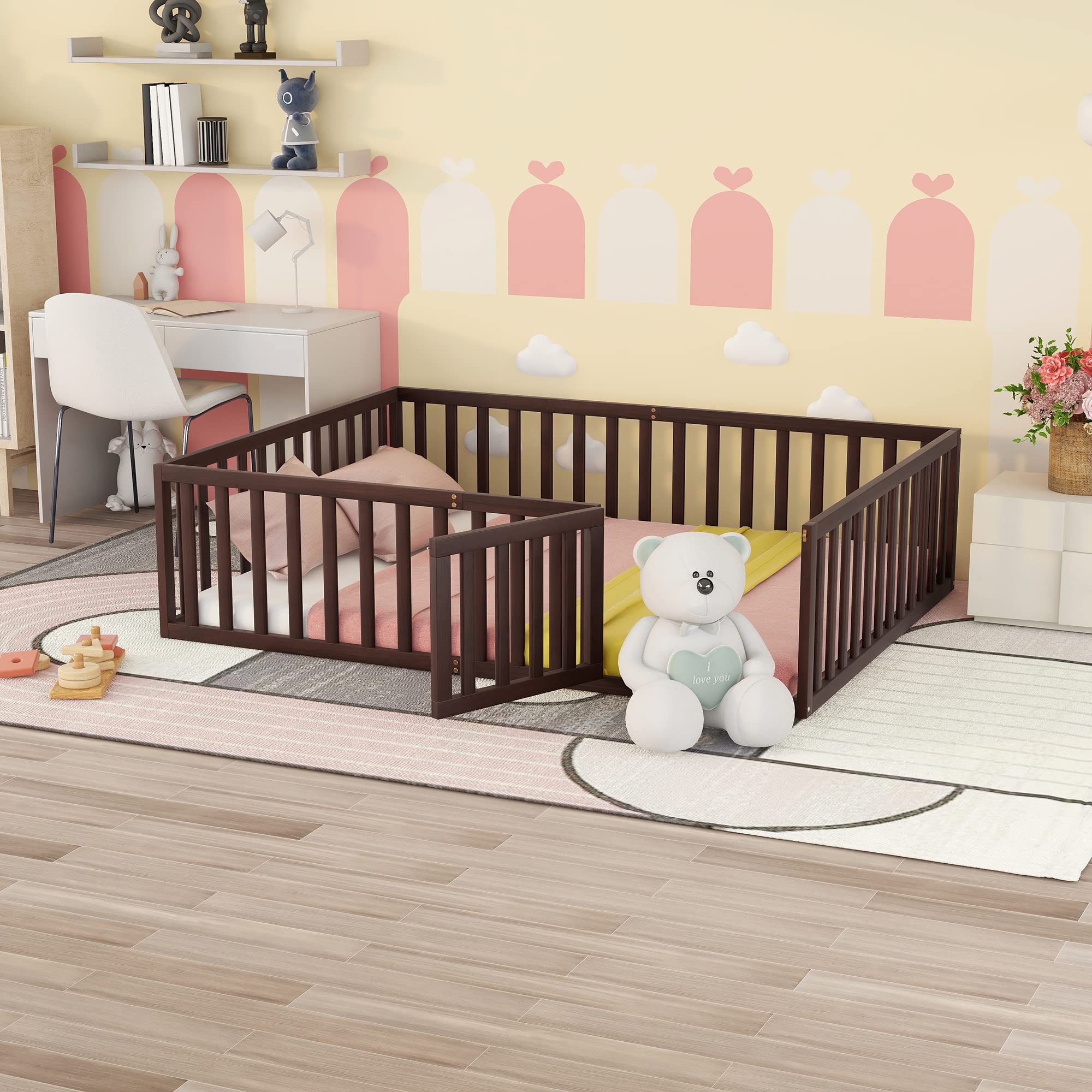 Harper & Bright Designs Queen Size Kids Floor Bed with Safety Fence - Montessori Wooden Platform Bed Frame for Boys & Girls in Walnut Finish | Perfect for Montessori Bedrooms, Toddler Safety & Space-Saving Kids' Rooms