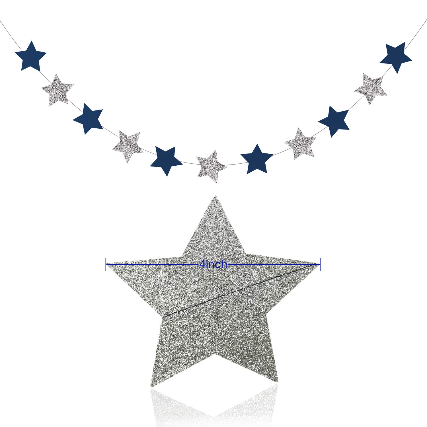 Navy Blue Glitter Silver Star Garland - 2 Pack Space Themed Party Decor for Birthday, Baby Shower & Outer Space Events | Perfect for Ceiling, Wall & Table Decorations