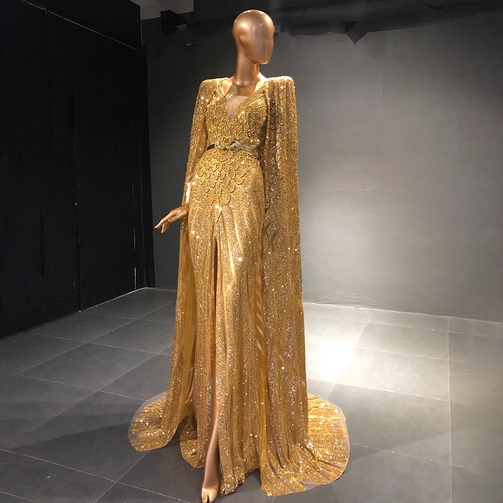 Serene Hill Gold A-Line Cape Sleeve Evening Gown - Elegant Beaded Luxury Dress for Women 2025 | Perfect for Prom, Gala, Wedding & Formal Parties (Style LA71670)