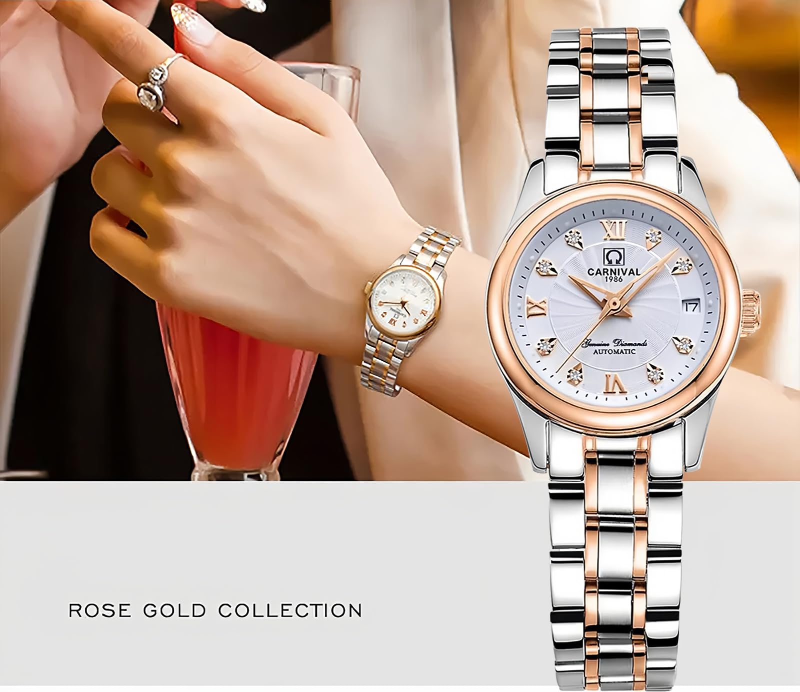 Gosasa Women's Automatic Watch - Stainless Steel Waterproof Dress Watch for Office & Party