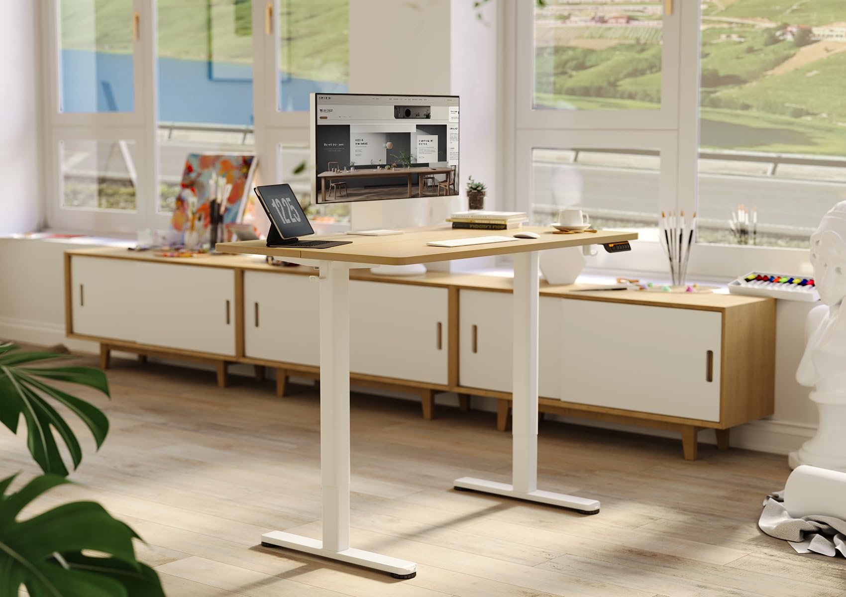 Claiks Electric Standing Desk - Adjustable Height Sit Stand Desk 40x24 Inches, White Frame with Natural Wood Top for Home Office | Ergonomic Workstation for Remote Work & Study