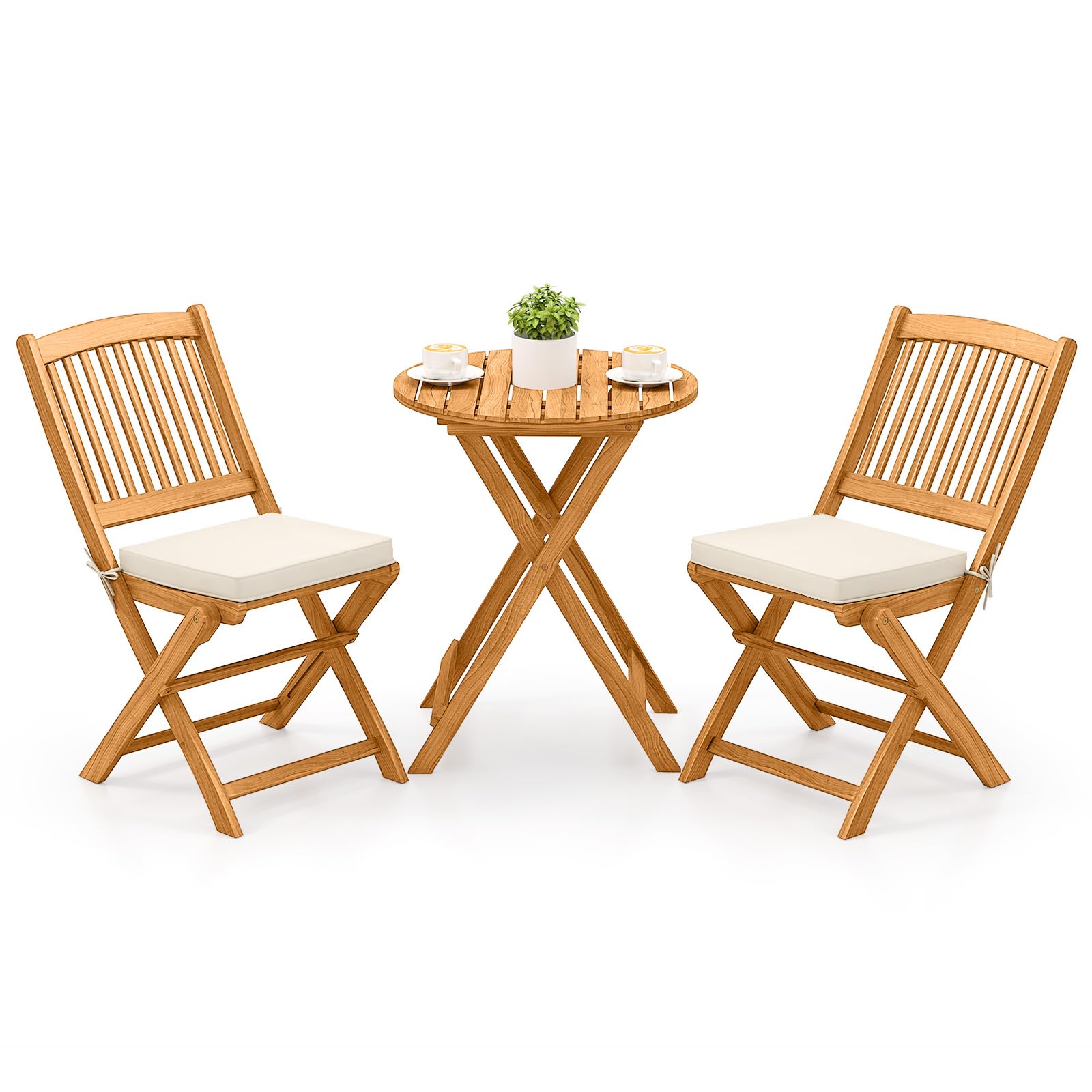 Tangkula 3-Piece Acacia Wood Patio Bistro Set with Cushions - Outdoor Folding Table & Chairs for Garden, Deck, Balcony, Backyard - Perfect for Dining, Relaxing & Entertaining