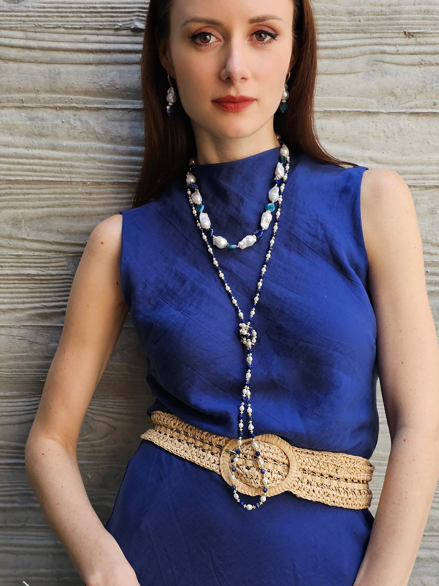 Baroque Pearls Necklace with Heart-Shaped Lapis & Apatite - Elegant Vintage Jewelry PN035 | Perfect for Weddings, Parties & Special Occasions