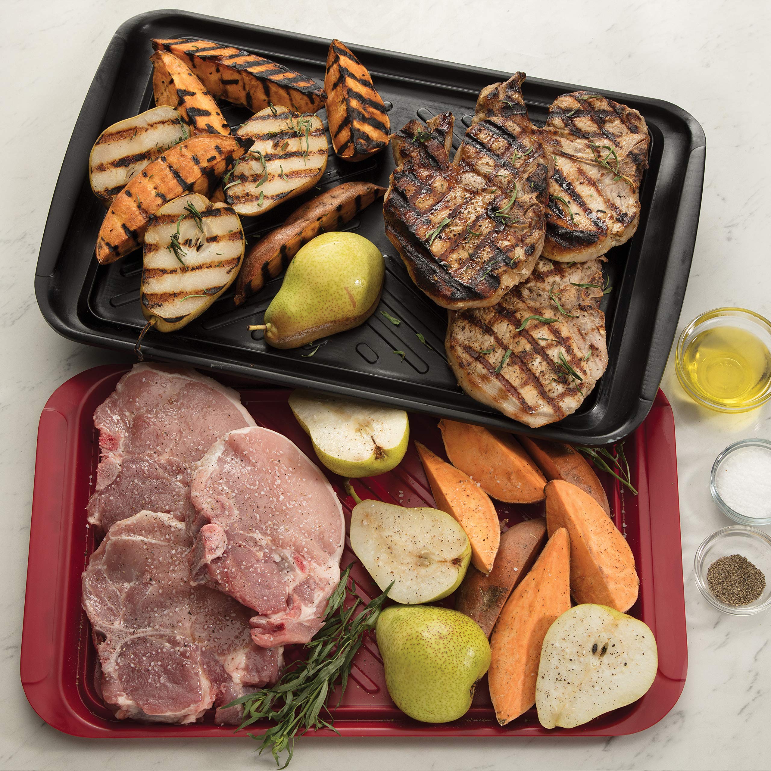 Premium Cuisinart Grill Tray Set - 3-Piece BBQ Cooking Accessories Kit with Prep & Serve Trays (Black/Red) + Fast Defrosting Tray (Black) for Outdoor Grilling, Backyard Parties & Quick Meal Prep