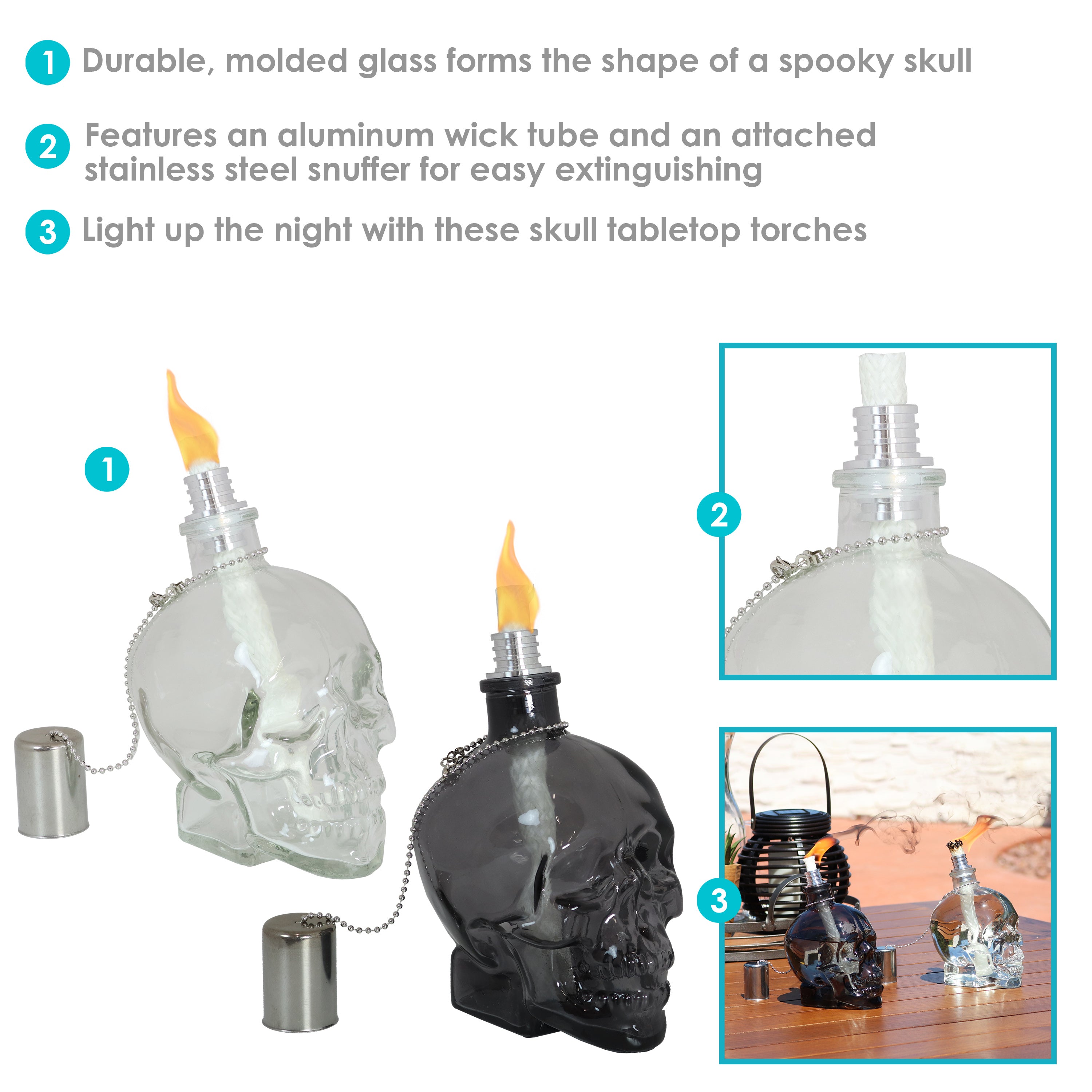 Sunnydaze Grinning Skull Glass Tabletop Torches - Black & Clear Outdoor Halloween Party Decor for Patio, Garden & Backyard