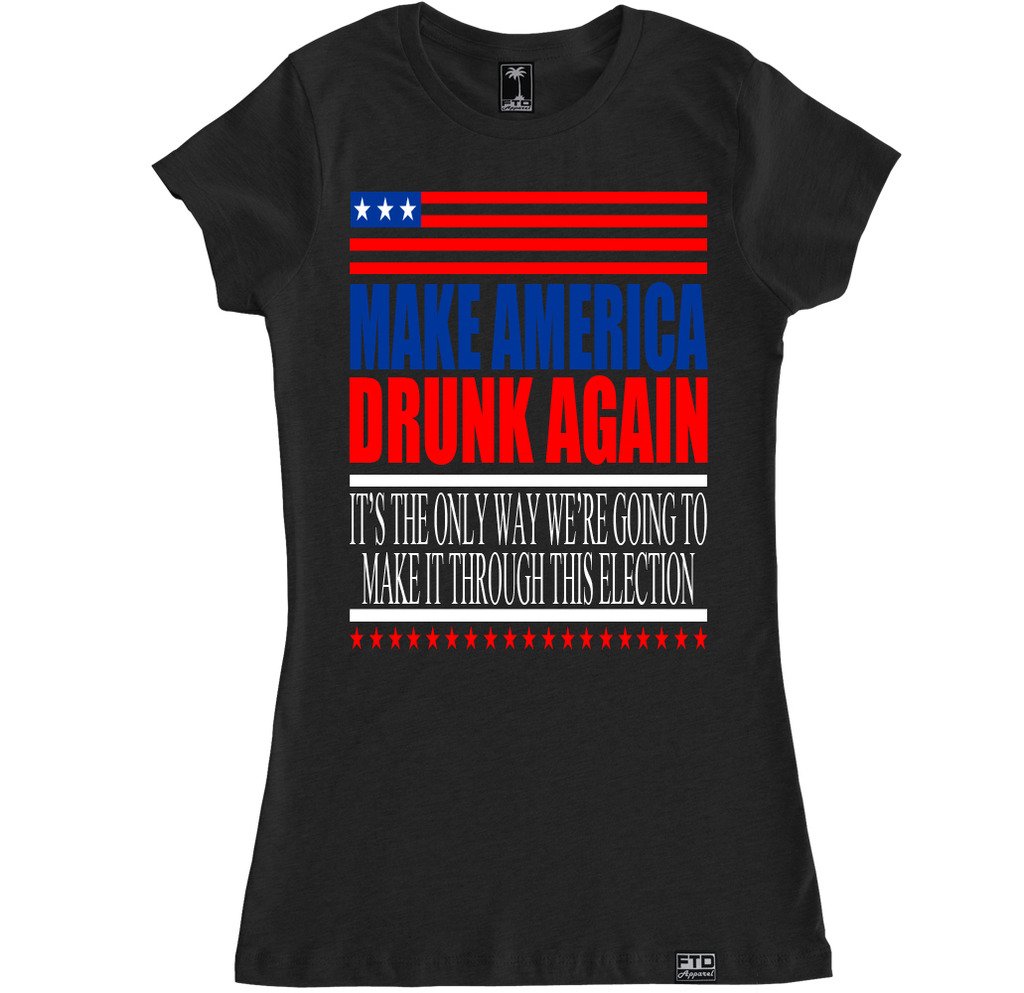 FTD Apparel Women's Funny America Drunk Again Graphic T-Shirt - Comfortable Casual Tee for Parties, Holidays & Patriotic Events