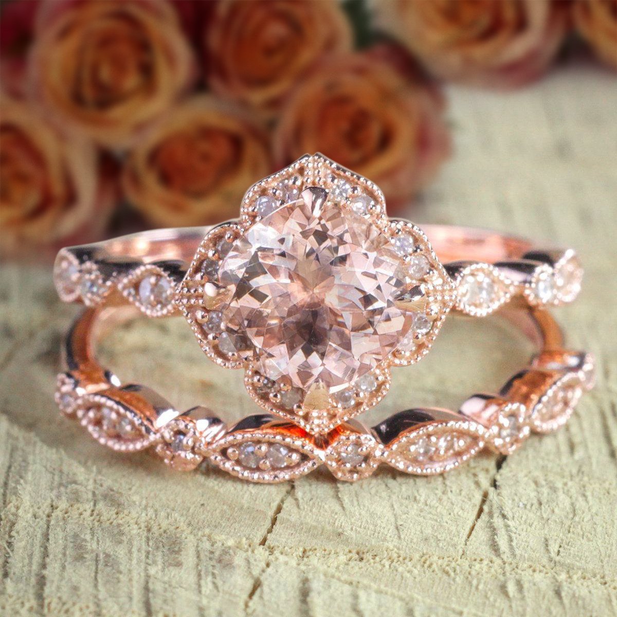 2 Carat Cushion Cut Morganite & Diamond Moissanite Halo Engagement Ring Set in 18K Gold Plating - Perfect for Wedding, Proposal, Anniversary & Special Occasions