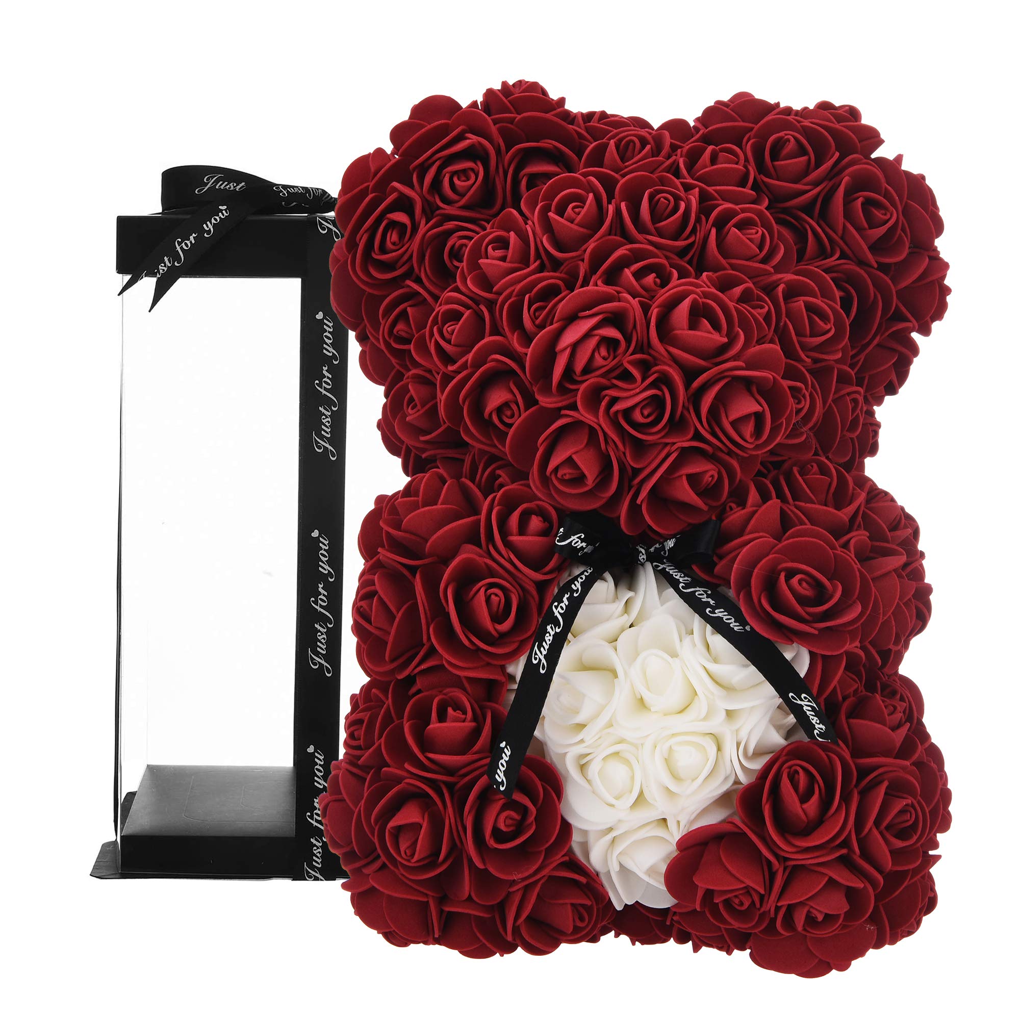 Handmade Rose Bear Teddy Bear - Burgundy 10in Floral Gift for Valentine's Day, Mother's Day, Anniversary & Weddings | Romantic Present in Clear Gift Box | Perfect for Bridal Showers, Couples Gifts & Special Occasions