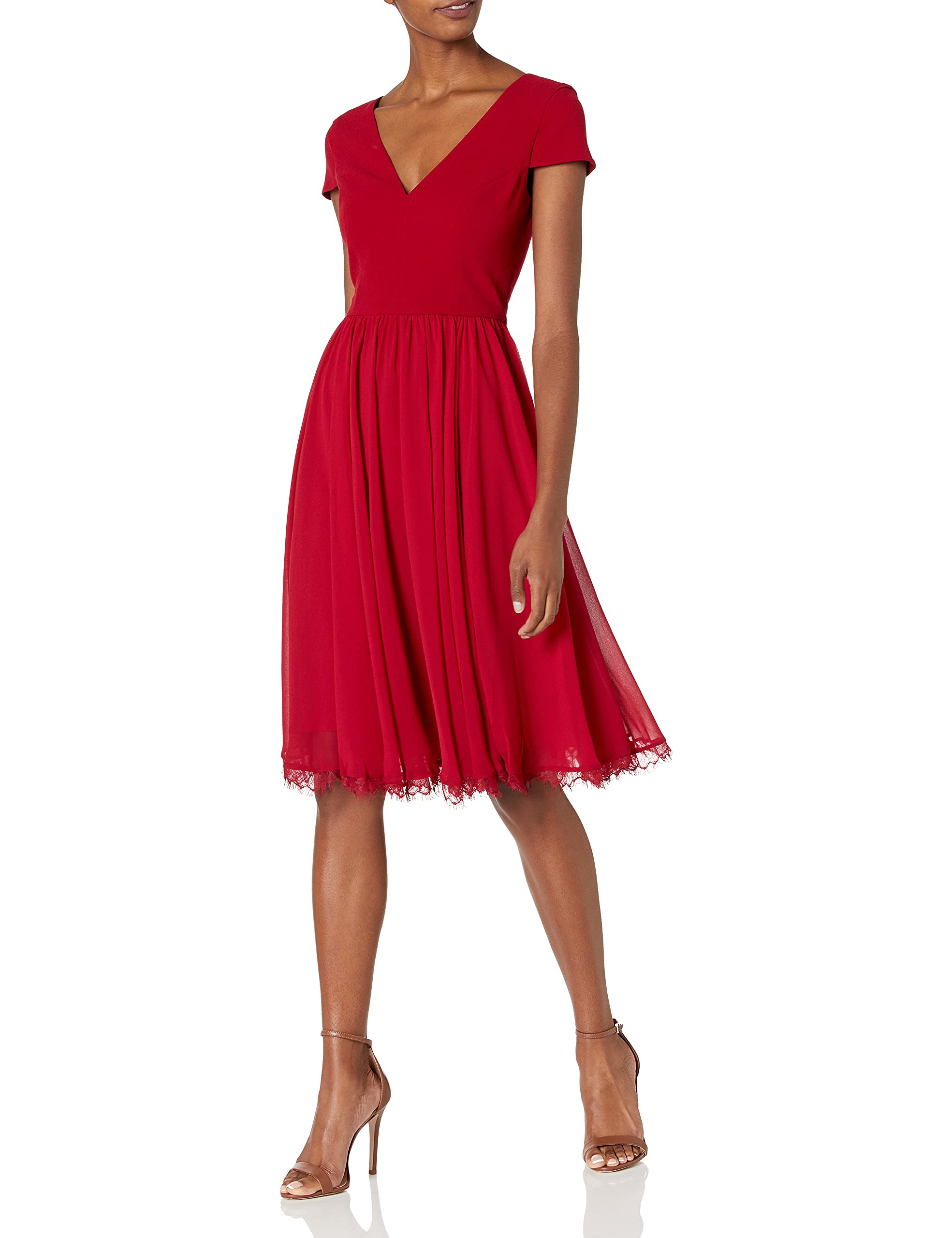 Dress the Population Women's Corey Plunging V-Neck Mixed Media Cap Sleeve A-Line Midi Dress for Cocktail Parties & Evening Events