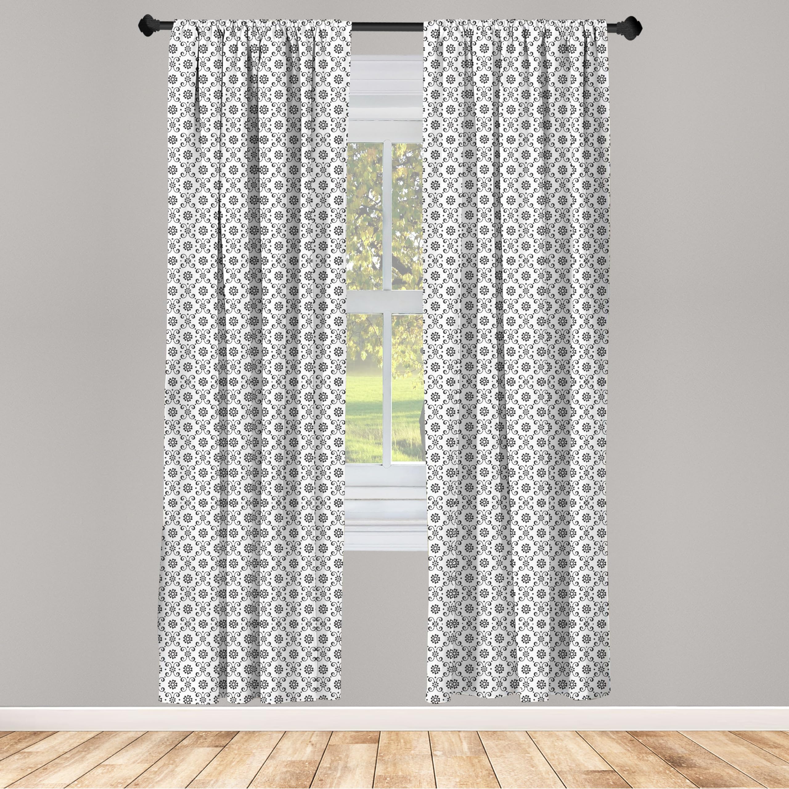 Ambesonne Black and White Floral Curtains - Abstract Monochrome Swirl Leaf Design, 2 Panel Set (28