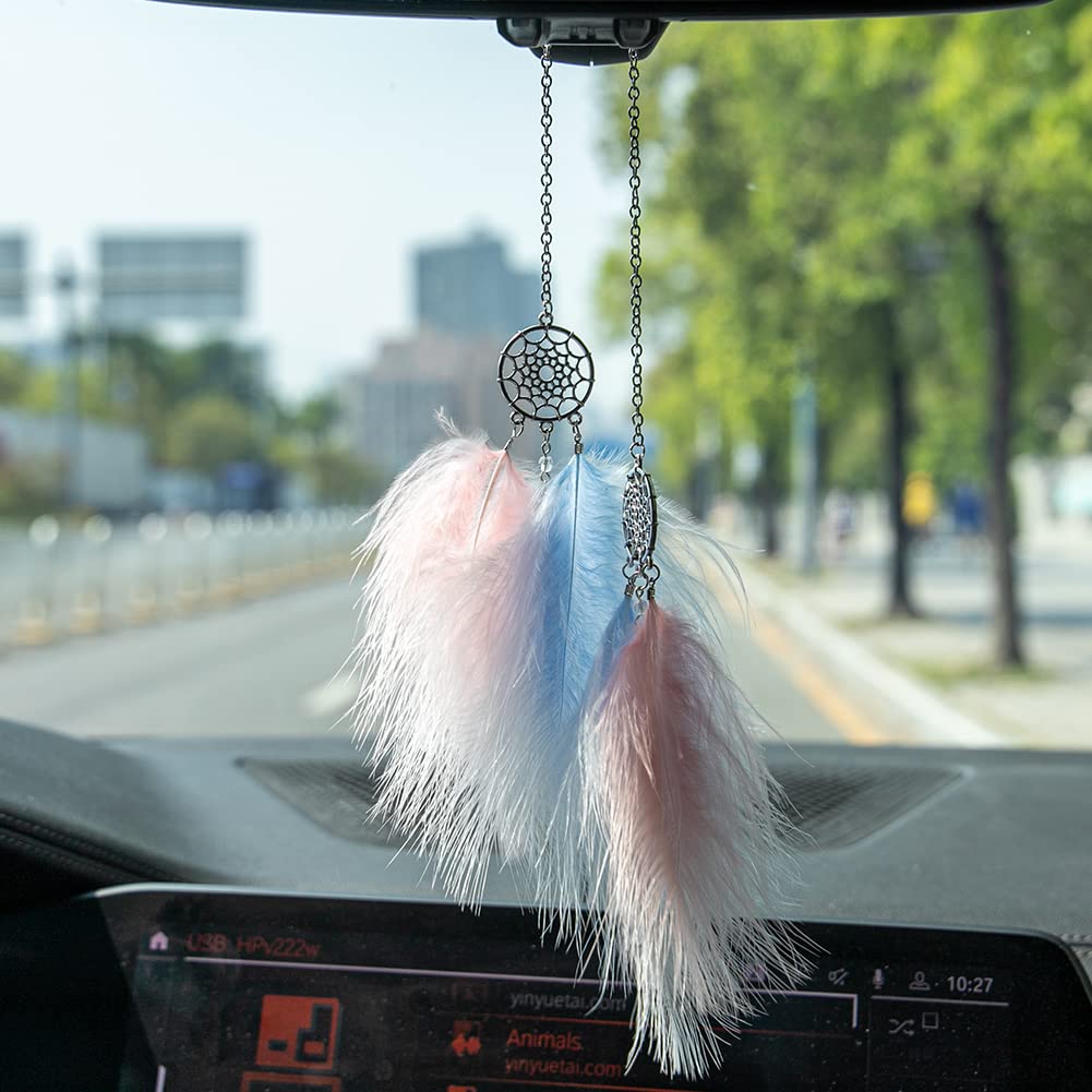 Creative Hollow Moon Feather Car Rear View Mirror Pendant - Stylish White & Blue Hanging Car Accessory for Interior Decoration & Gift Giving