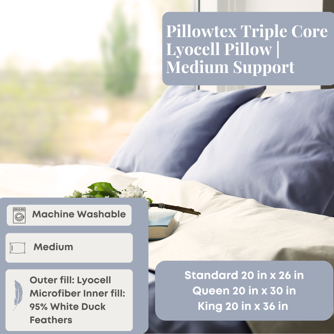 Pillowtex Triple Core Lyocell Pillow - Medium Support Pillow for Side & Back Sleepers | Breathable & Hypoallergenic Bed Pillow for Better Sleep