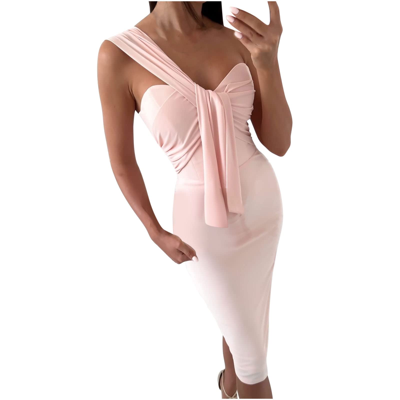 BmkBWO Women's Sexy One Shoulder Evening Dress - Sleeveless Formal Cocktail Midi Dress for Wedding Guest, Party & Special Occasions | Elegant Solid Color Prom Gown for Night Out & Date Night