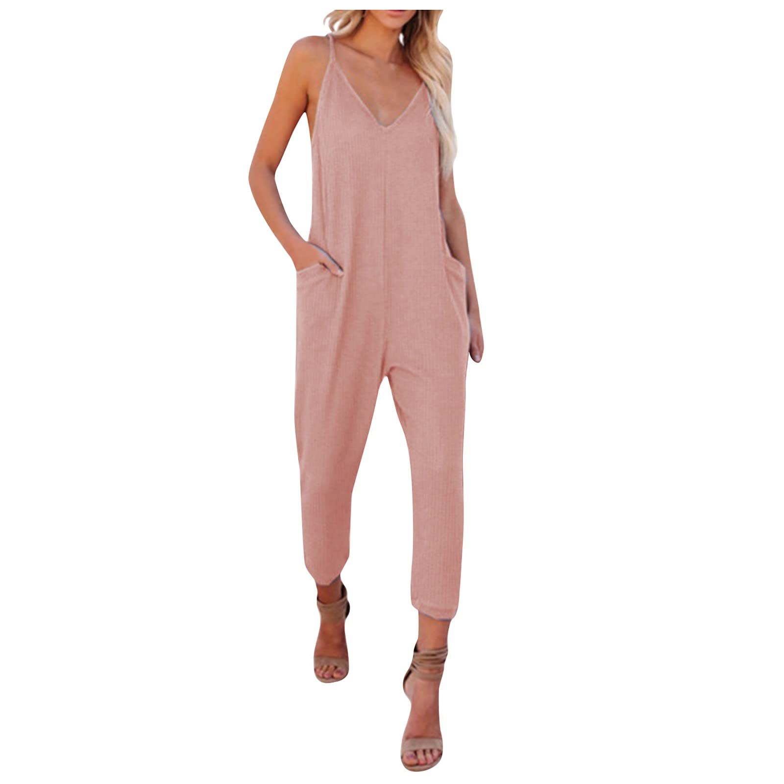 **Hopolsy Women's V-Neck Spaghetti Strap Cami Jumpsuit - Stretchy Solid Color Romper with Pockets & Tapered Long Pants | Casual Outfit for Summer, Beach, Travel & Date Night**