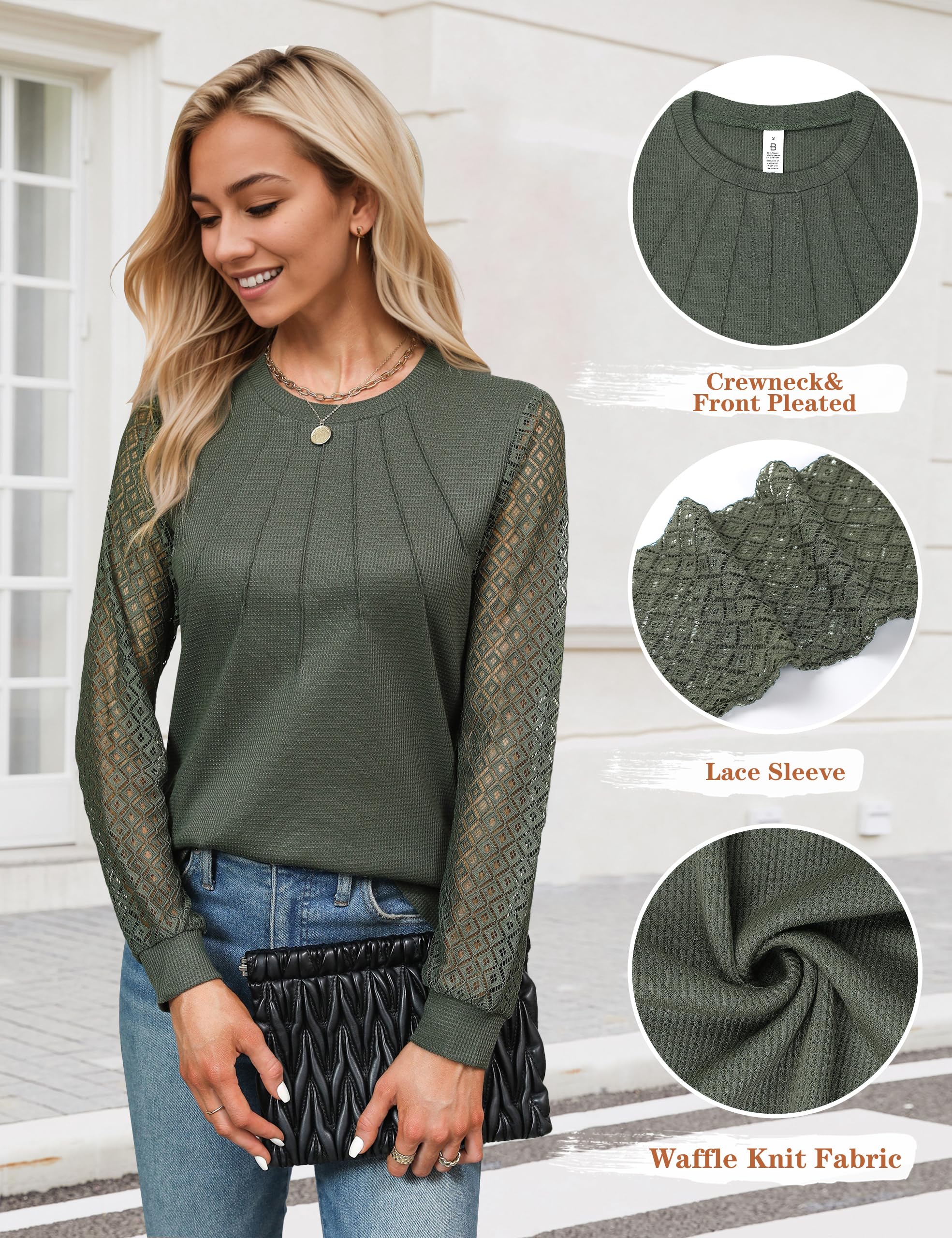 Elegant Waffle Knit Lace Long Sleeve Pleated Blouse for Women - Business Casual Office Wear & Fall Outfit | Perfect for Work, Dates, and Special Occasions