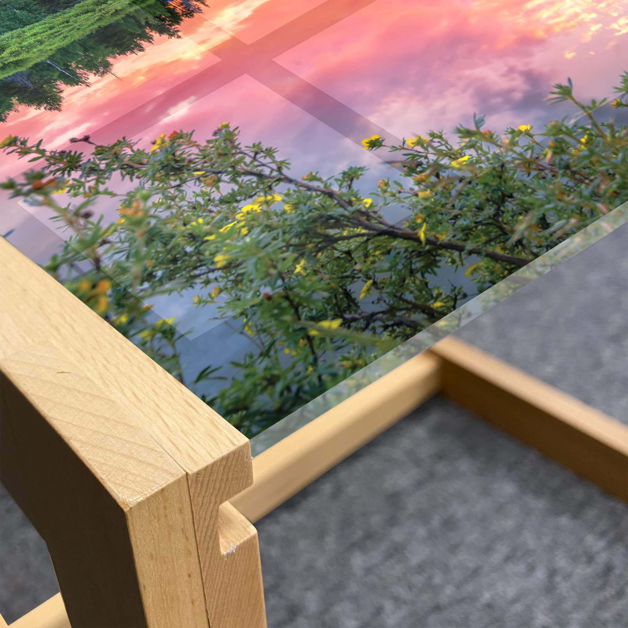 Ambesonne Mountain Coffee Table - Wooden Frame Acrylic Glass, Sunset Nature Design for Office & Dorm Decor