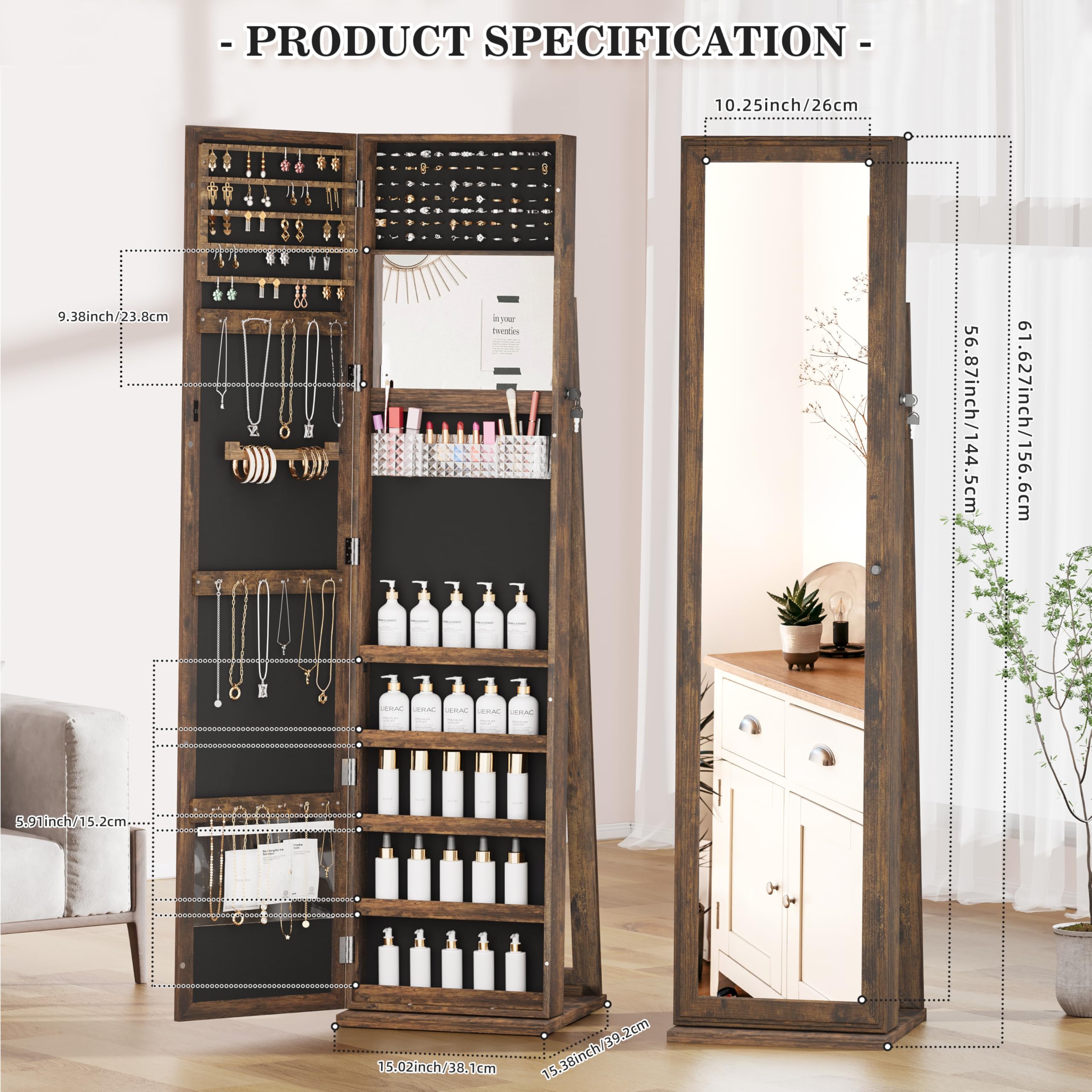 Full Length Mirror Jewelry Cabinet with Lock - Standing Jewelry Armoire Organizer for Women & Girls, Brown - Perfect for Bedroom, Closet & Dressing Room Storage