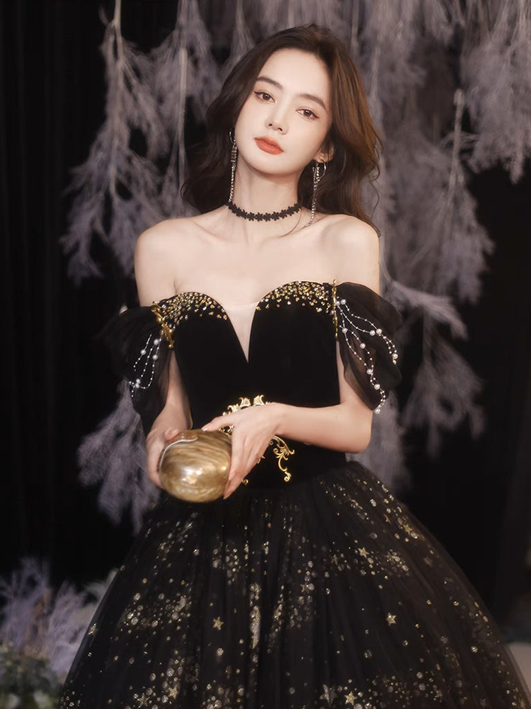 Elegant Black A-Line Off Shoulder Tulle Lace Long Prom Dress with Beaded Details - Perfect for Formal Dances, Evening Galas, and Special Occasions