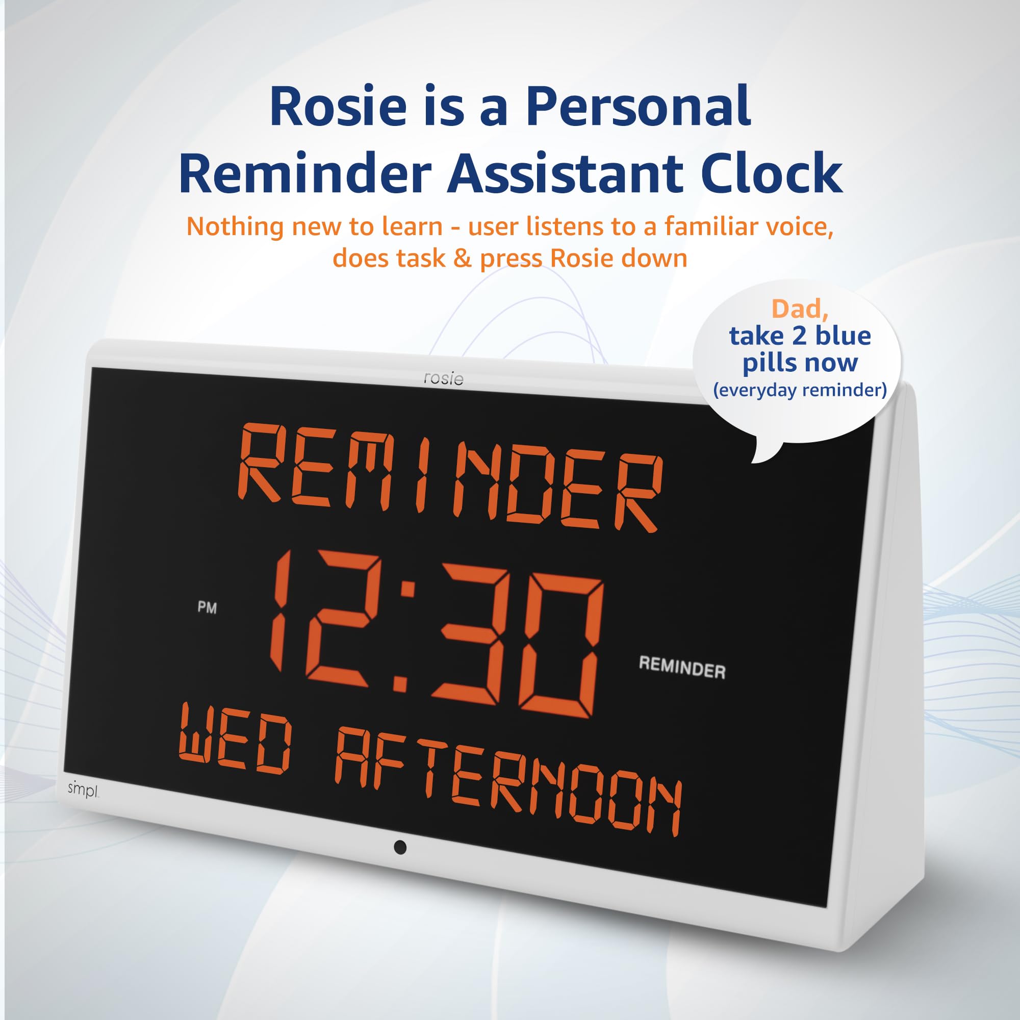 Simpl Rosie Reminder Large Display Talking Alarm Clock – 25 Custom Voice Alerts, Dementia & Alzheimer’s Friendly Senior Clock, Voice Activated, Easy-to-Use, 100ft Range (Rosie 2) – Perfect for Bedrooms, Nursing Homes & Memory Care Facilities