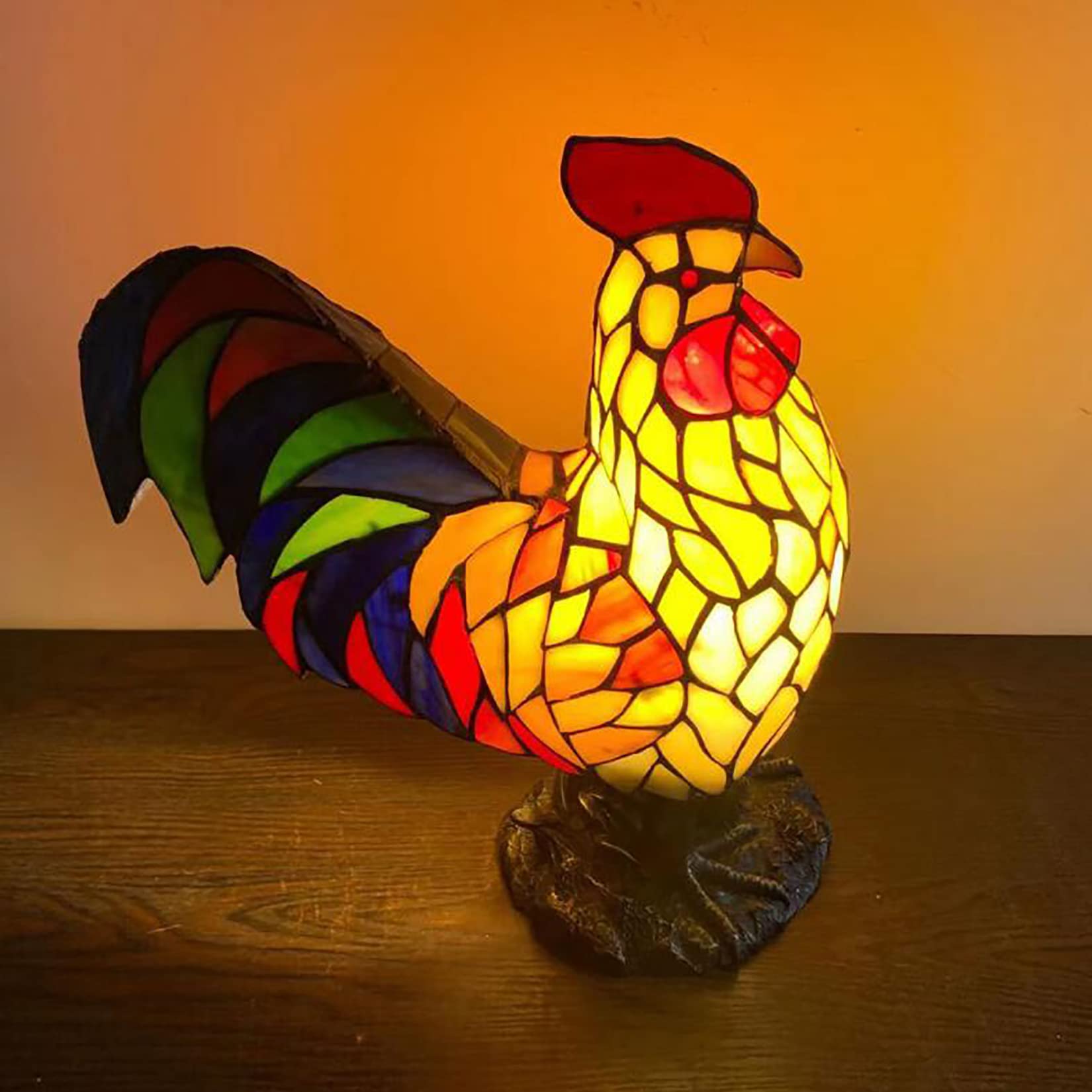 15 Inch Tiffany Style Stained Glass Rooster Table Lamp - Handcrafted Animal Desk Light for Bedroom, Study & Living Room - Perfect Night Light & Home Decor for Farmhouse, Rustic & Vintage Style Interiors
