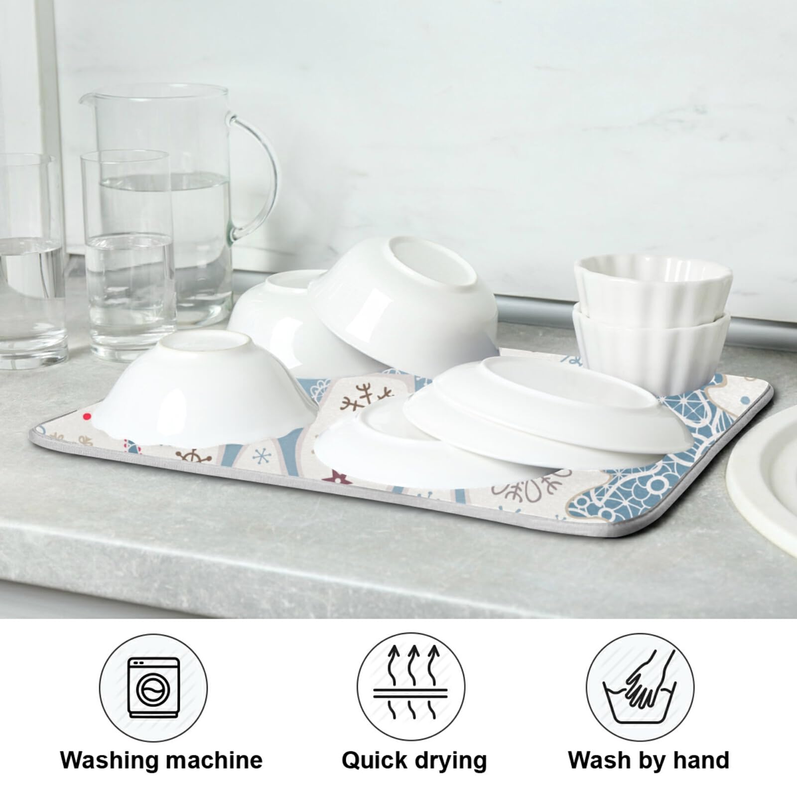 Christmas Deer Blue Dish Drying Mat - Absorbent Microfiber Kitchen Counter Mat (18x24 Inch) | Non-Slip Dish Rack Pad, Washable Drainer for Dishes & Utensils | Perfect for Holiday Kitchen Decor & Countertop Protection